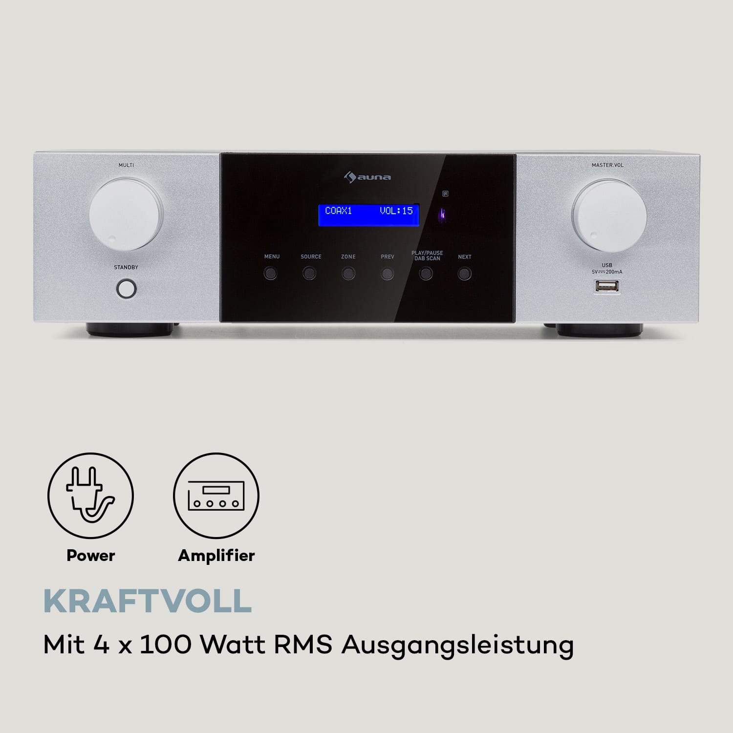 AMP-4000 DAB Hifi-Stereo-Verstärker DAB+-Radio USB Fernbedienung LED-Display  Silber-Metallic