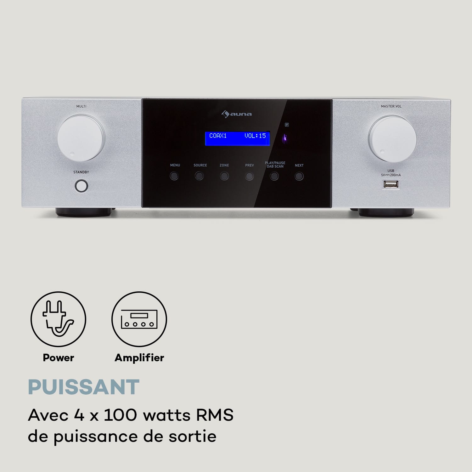 AMP-4000 DAB HiFi stereo versterker DAB+ Radio USB afstandsbediening LED-display  Zilver Metallic