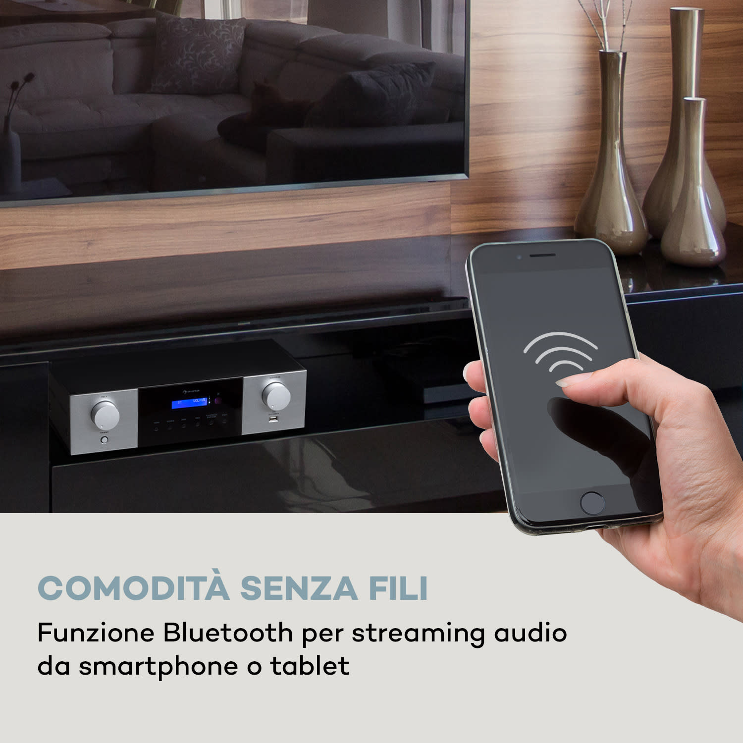 AMP-4000 DAB - Amplificatore stereo Hi-Fi, radio DAB+, telecomando, USB, display LED  Argento metallizzato