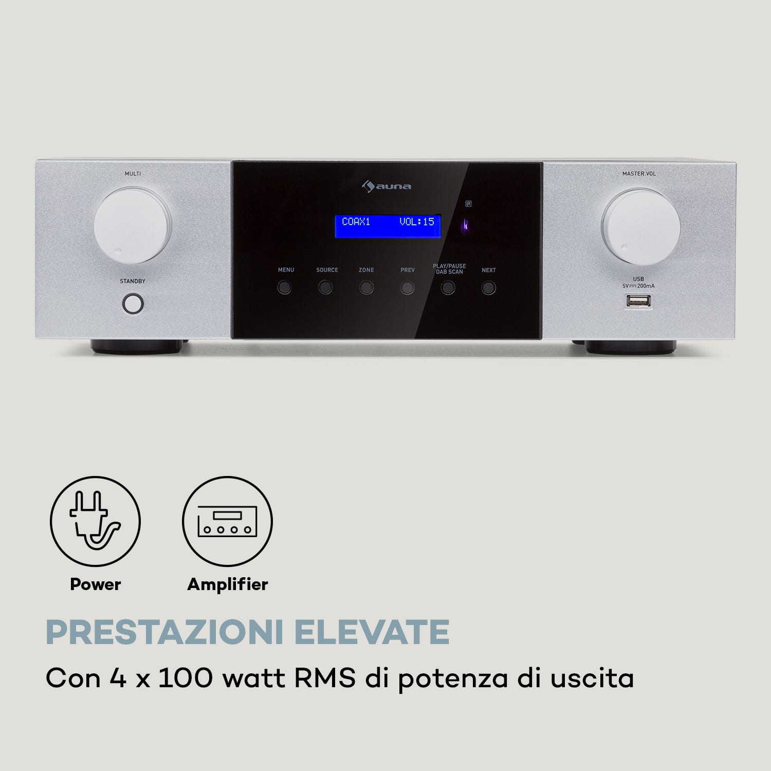 AMP-4000 DAB - Amplificatore stereo Hi-Fi, radio DAB+, telecomando, USB, display LED  Argento metallizzato