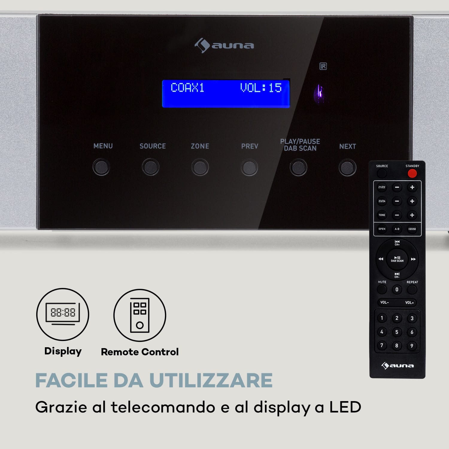 AMP-4000 DAB - Amplificatore stereo Hi-Fi, radio DAB+, telecomando, USB, display LED  Argento metallizzato