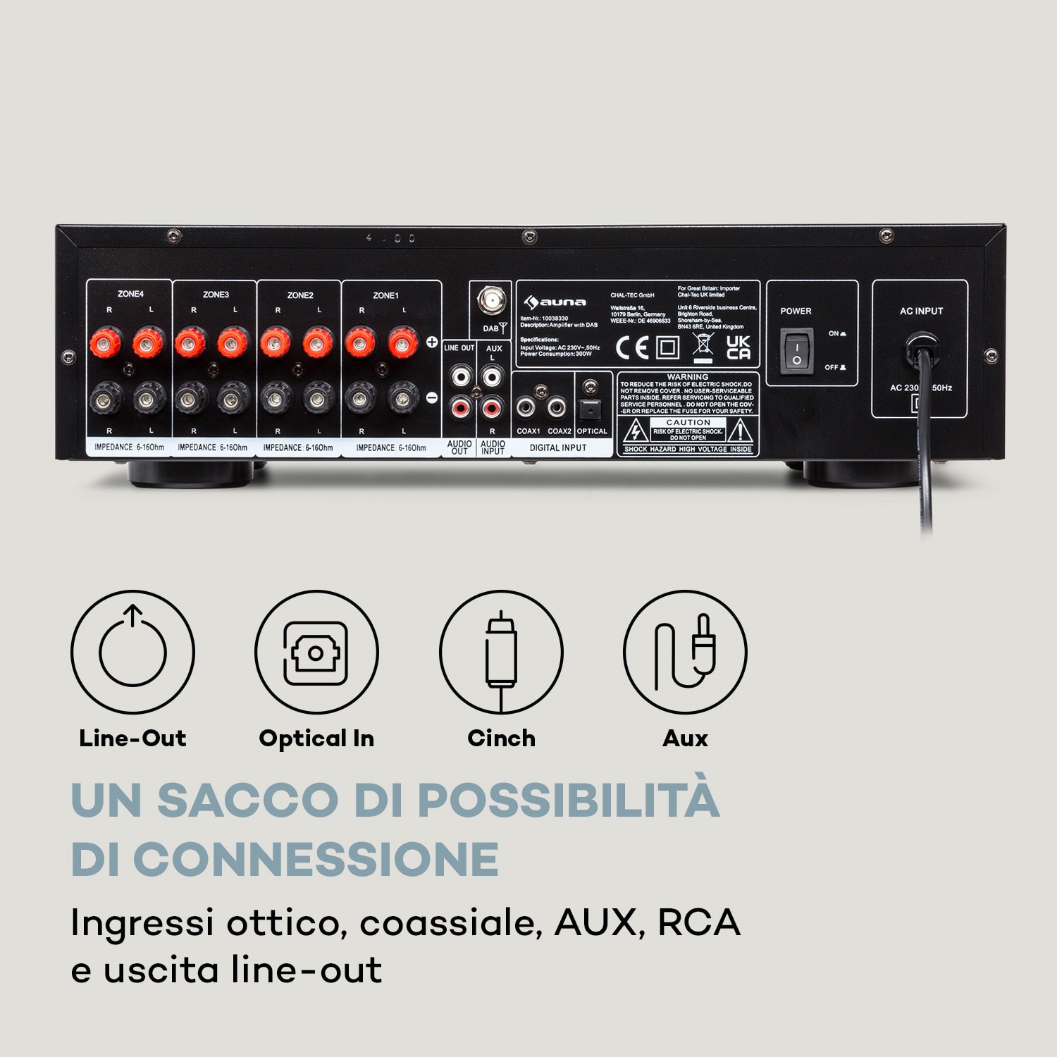 AMP-4000 DAB - Amplificatore stereo Hi-Fi, radio DAB+, telecomando, USB, display LED  Argento metallizzato
