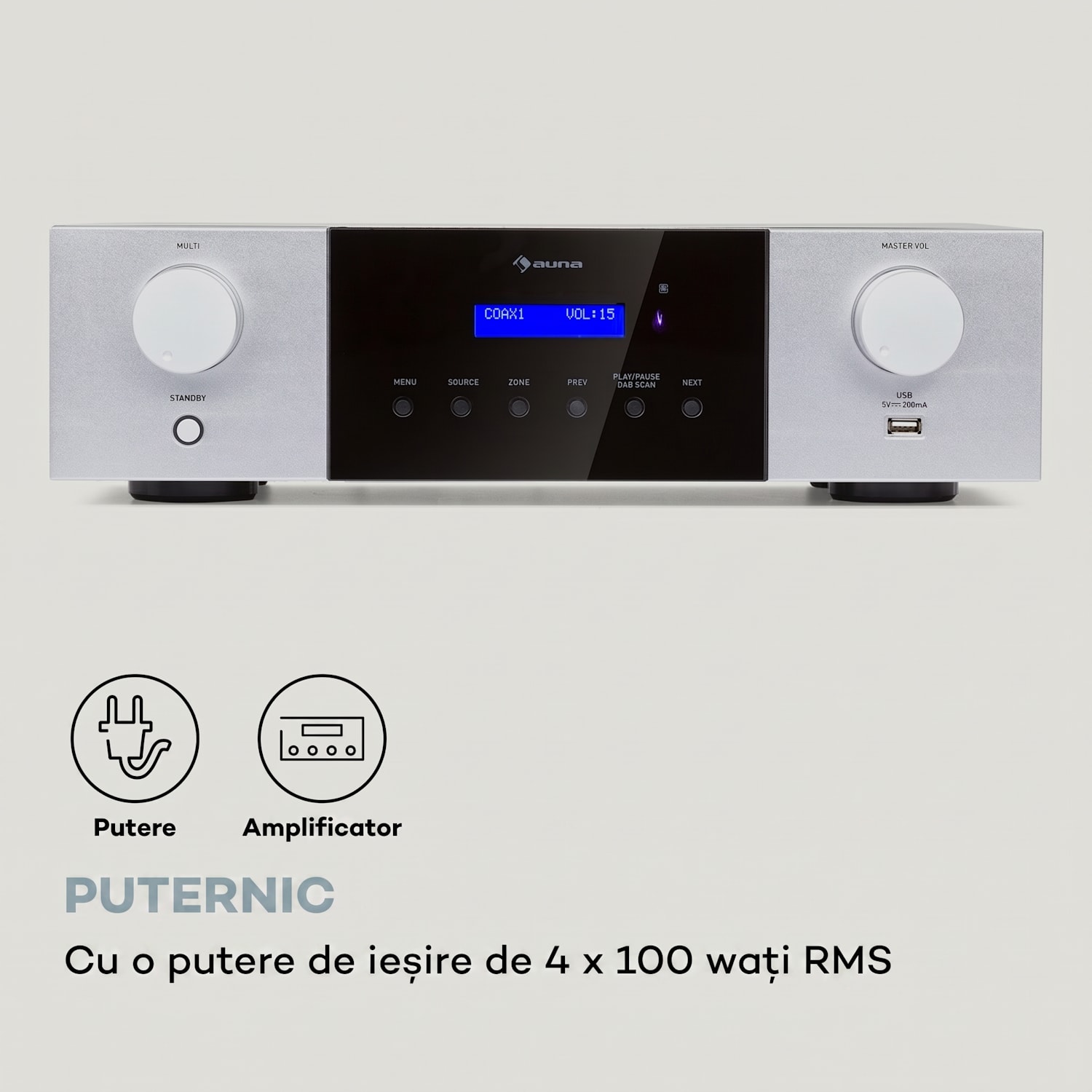 AMP-4000 DAB, amplificator stereo Hifi, radio DAB+, USB, telecomandă, afișaj LED Argintiu metalizat