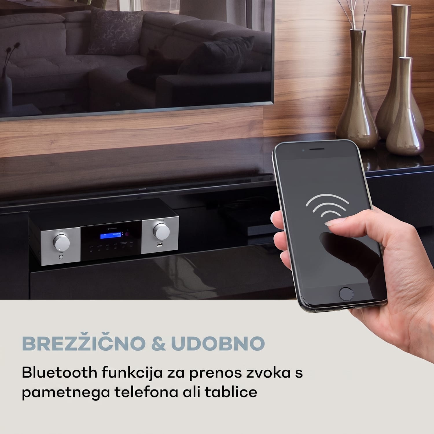 AMP-4000 DAB, Hifi stereo ojačevalnik, radio DAB+, USB, daljinski upravljalnik, LED zaslon Srebrna kovinska barva