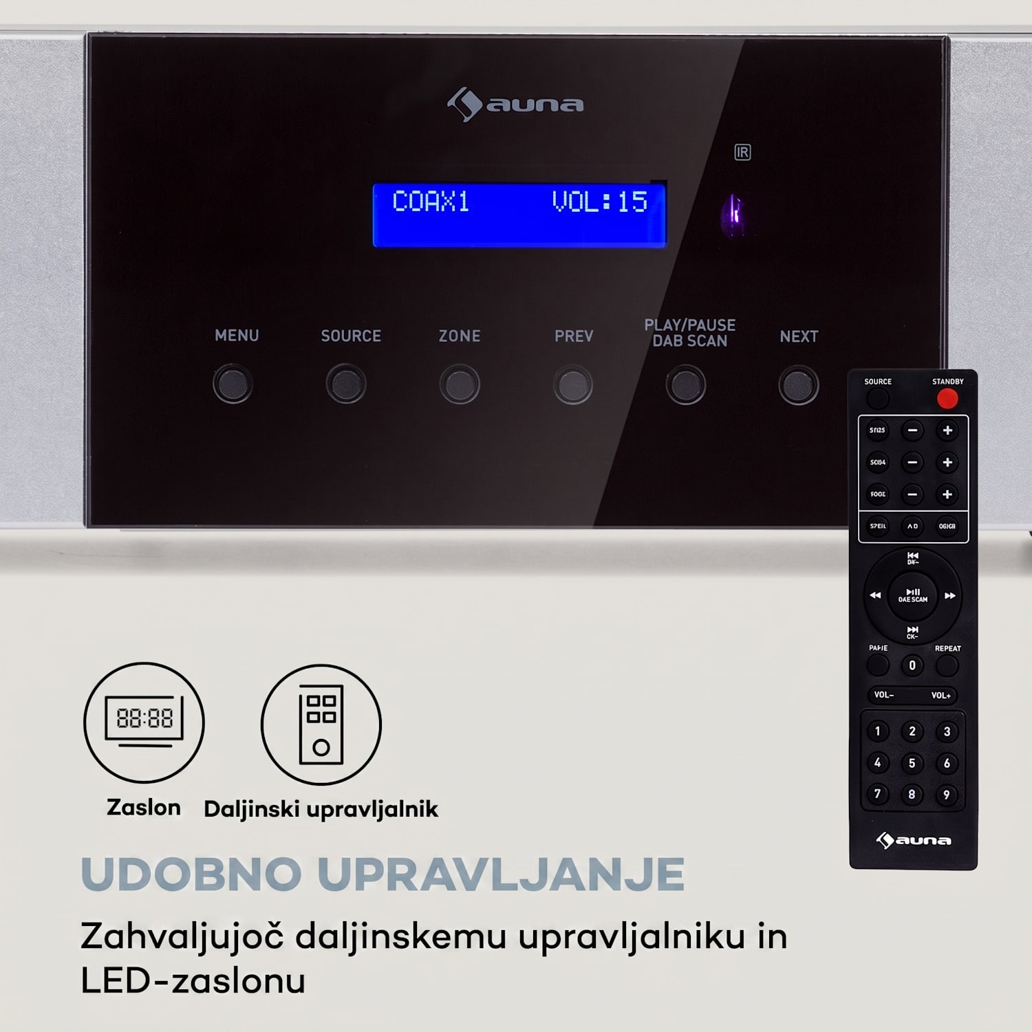 AMP-4000 DAB, Hifi stereo ojačevalnik, radio DAB+, USB, daljinski upravljalnik, LED zaslon Srebrna kovinska barva