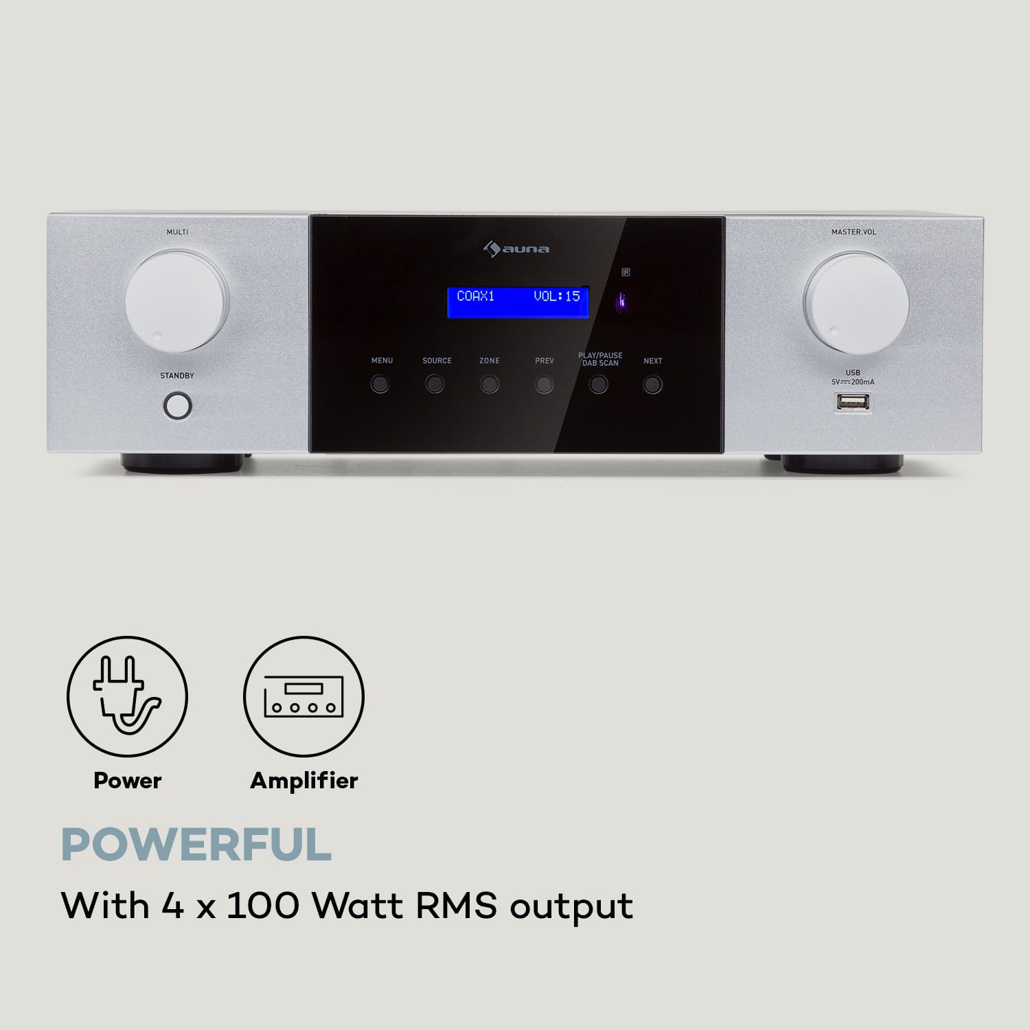 AMP-4000 DAB, Hifi stereo zesilovač, DAB+ rádio, USB, dálkové ovládání, LED displej
