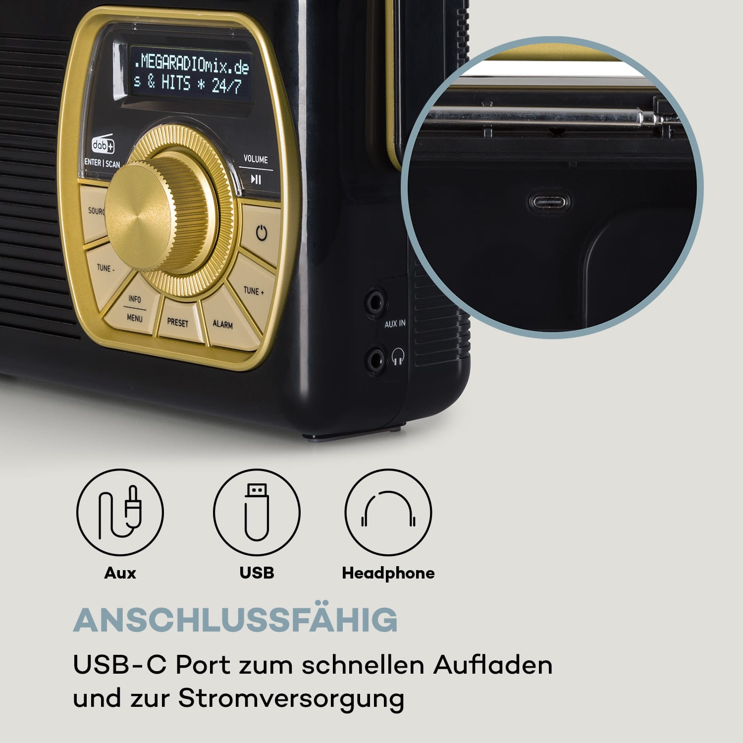 Buddy Digitalradio DAB/DAB+/UKW Bluetooth 5.0 AUX 1Ah-Akku mobil Retro Schwarz