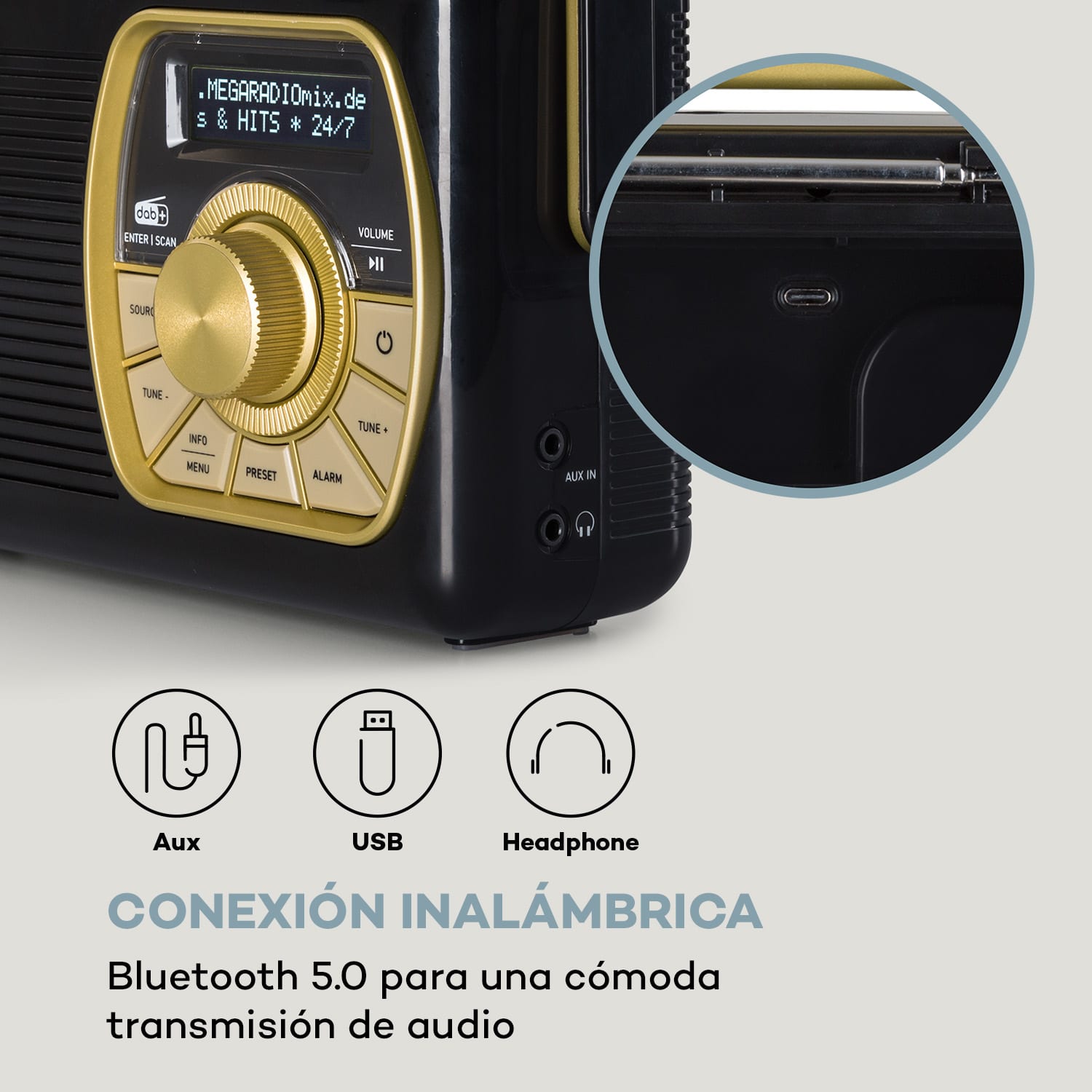 Buddy Radio digital DAB/DAB+/FM luetooth 5.0 AUX Batería de 1Ah Móvil Retro Negro