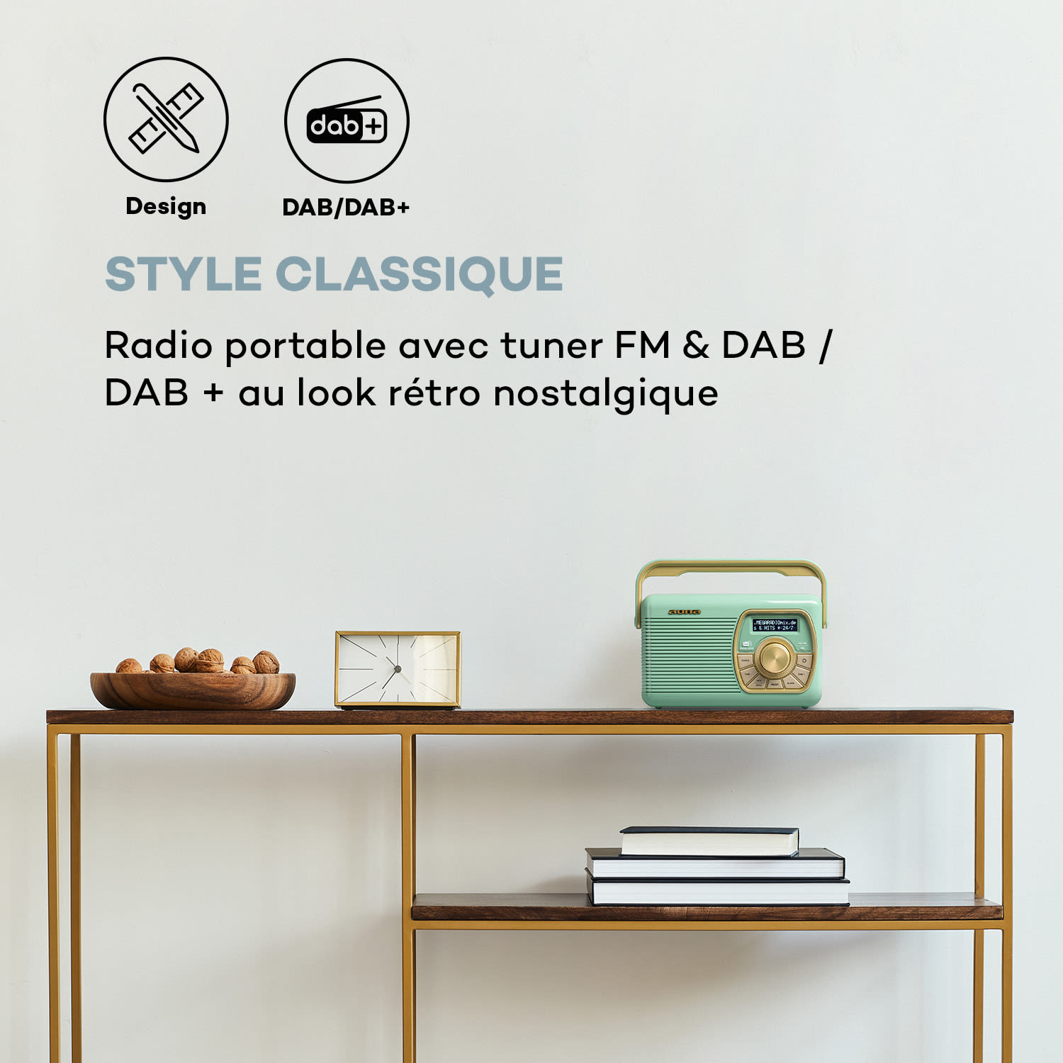 Buddy Radio numérique DAB/DAB+/UKW Bluetooth 5.0 AUX Batterie 1Ah mobile rétro Menthe