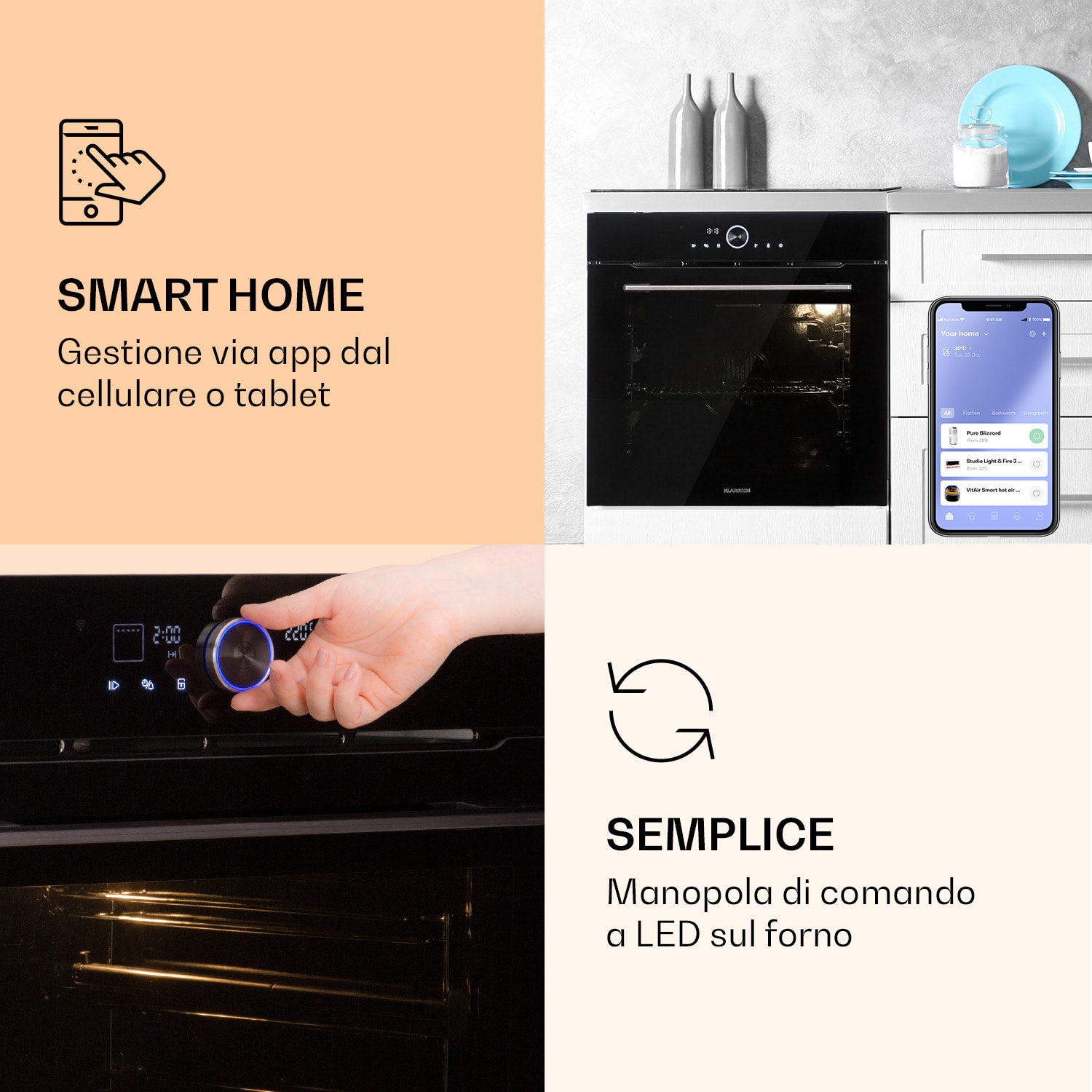 Illuminosa Smart Forno da incasso, 2800W, 11 funzioni, comando tramite app Nero
