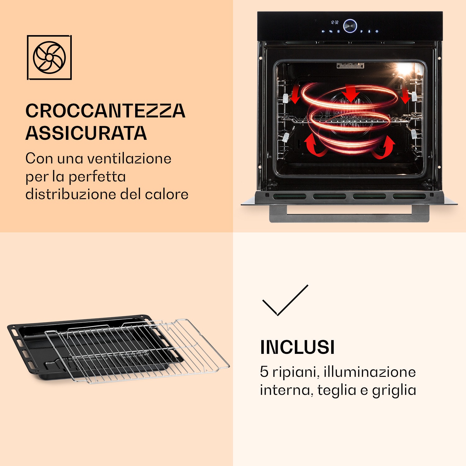 Illuminosa Smart Forno da incasso, 2800W, 11 funzioni, comando tramite app Nero