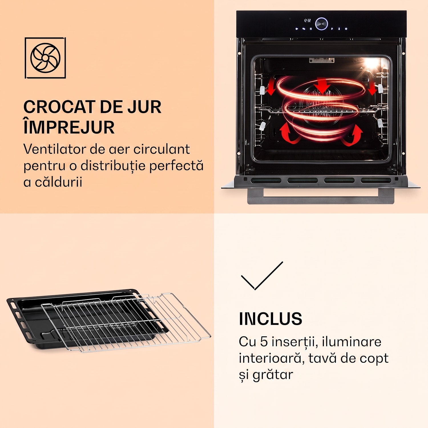 Illuminosa Smart, cuptor încorporabil, 2800 W, 11 funcții, control prin aplicație Negru