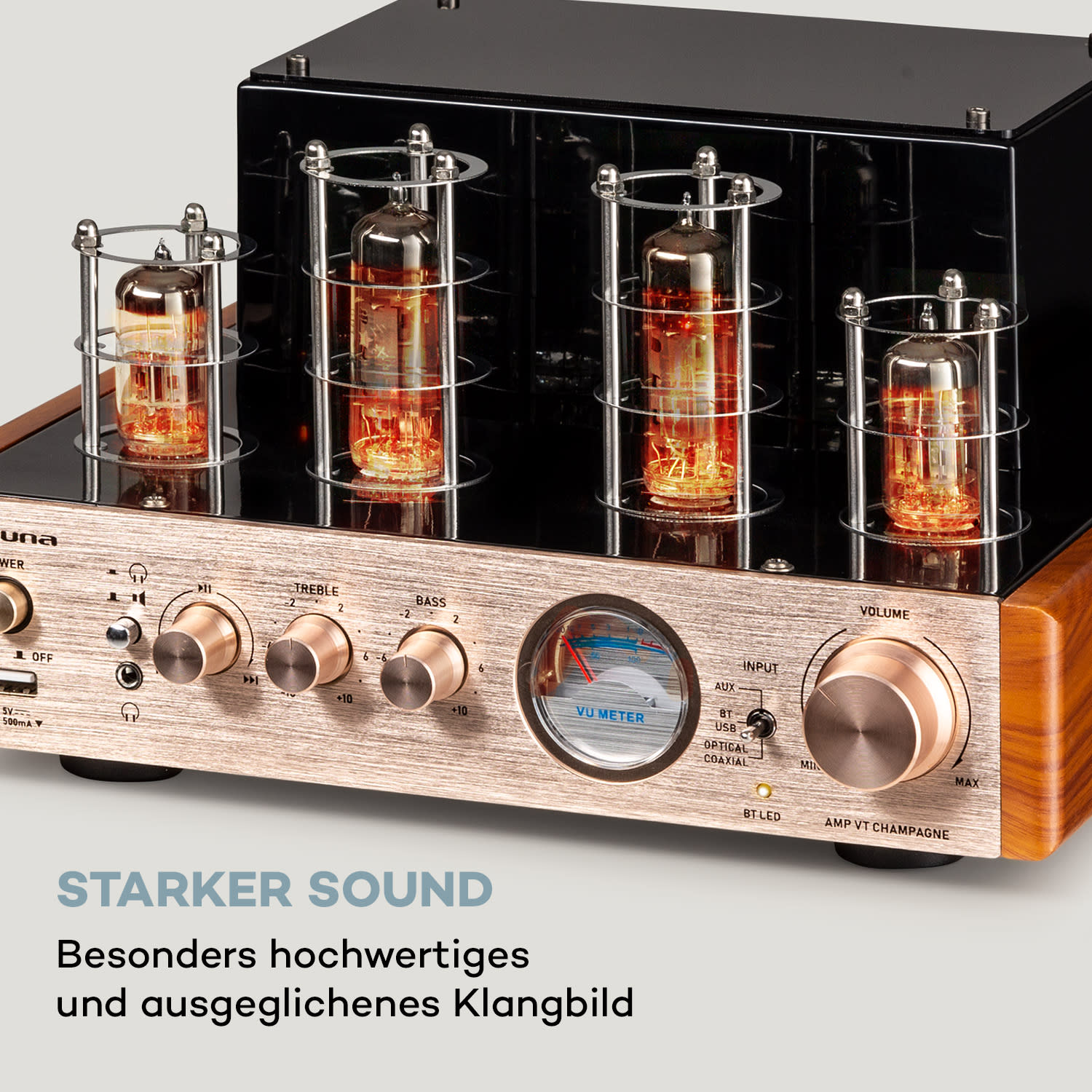 Amp VT Röhrenverstärker HiFi-Verstärker 2x35W RMS BT Opt./Koax./AUX-In Roségold-Metallic