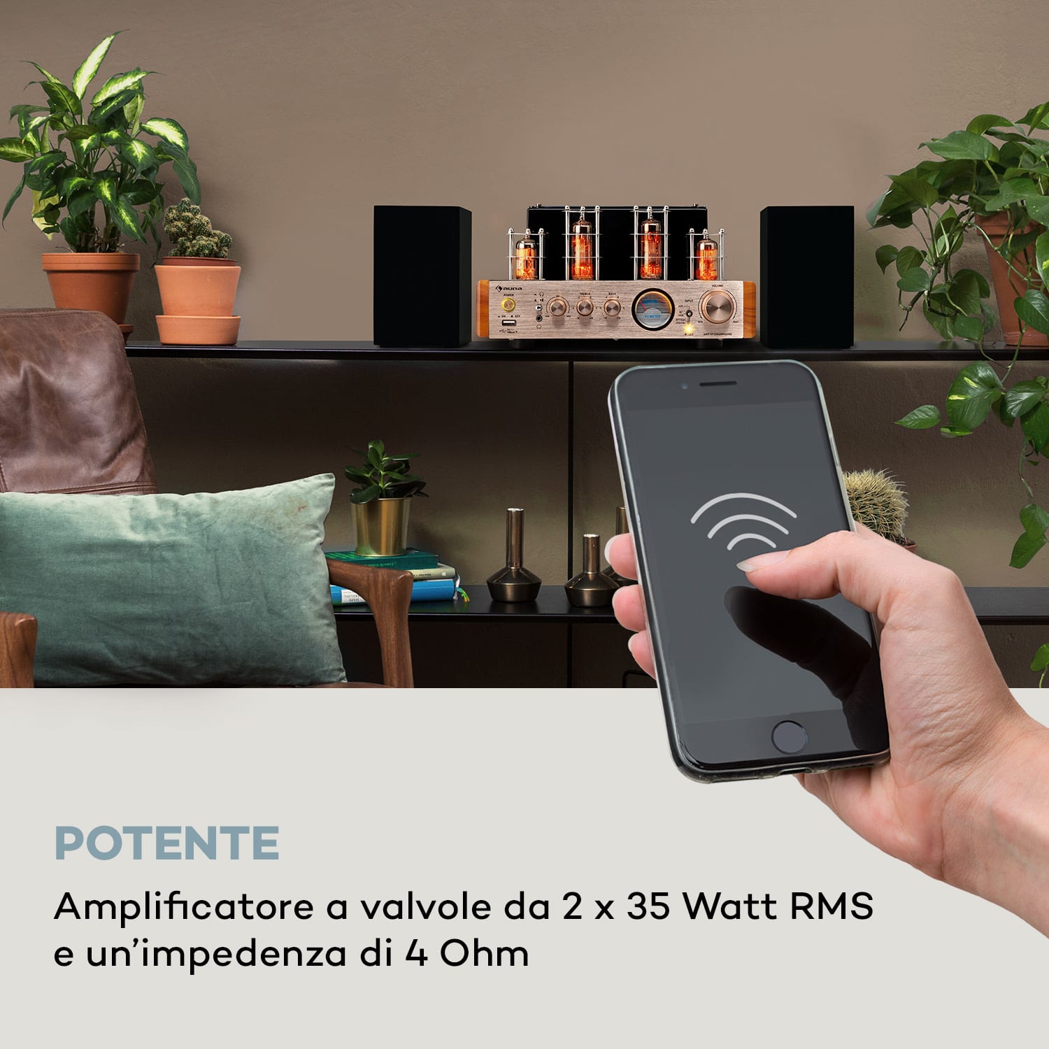 Amp VT - Amplificatore valvolare, amplificatore HiFi, 2 x 35 W, RMS, BT, ingressi ottico/coassiale/AUX Oro rosa metallizzato