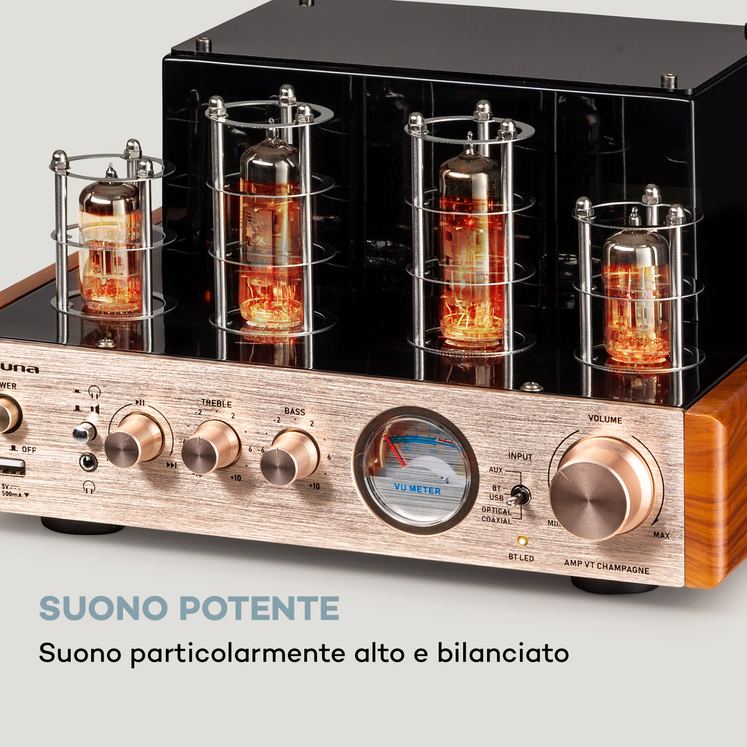 Amp VT - Amplificatore valvolare, amplificatore HiFi, 2 x 35 W, RMS, BT, ingressi ottico/coassiale/AUX Oro rosa metallizzato