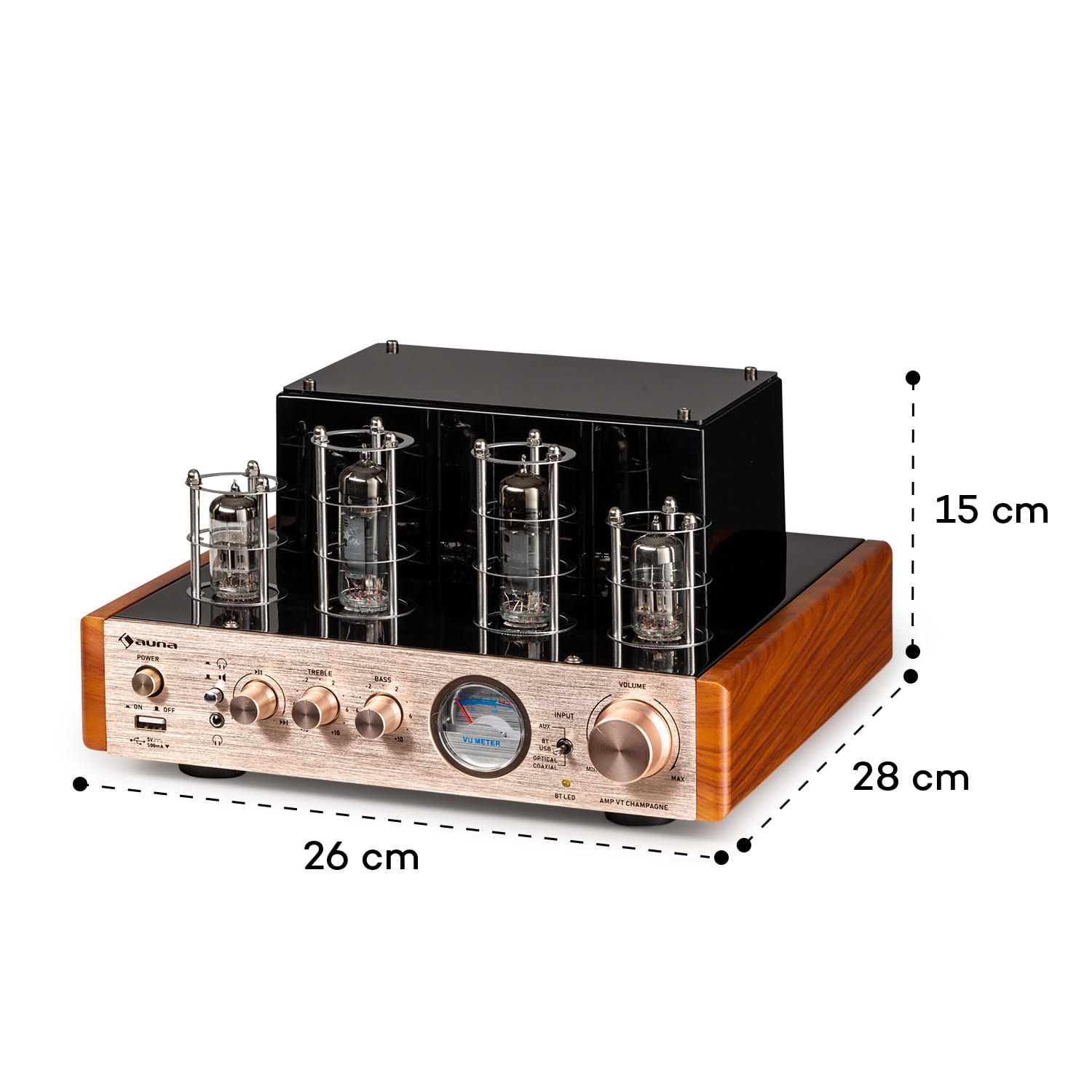 Amp VT, wzmacniacz lampowy, wzmacniacz Hi-Fi, 2 x 35 W RMS, BT, Opt./Coax./AUX-In Różowe Złoto Metaliczne