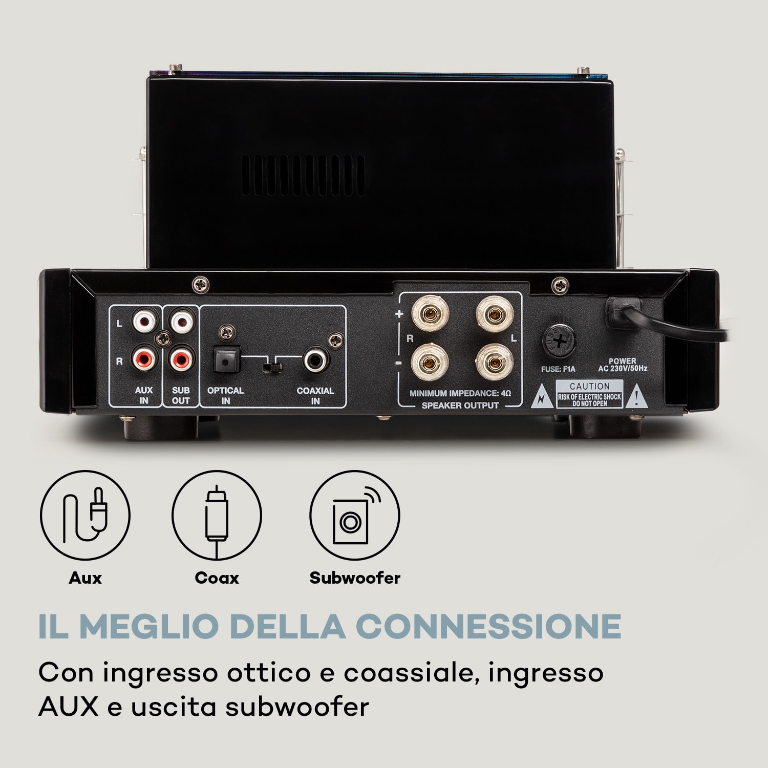 Amp VT - Amplificatore valvolare, amplificatore HiFi, 2 x 35 W, RMS, BT, ingressi ottico/coassiale/AUX Nero metallizzato
