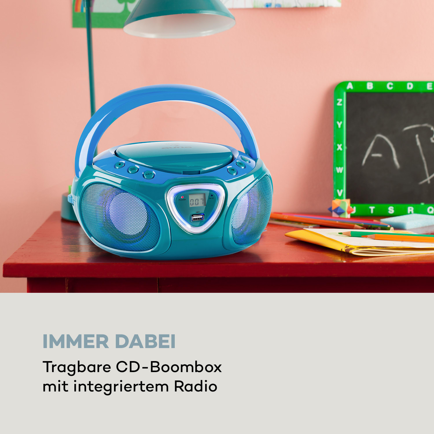 Roadie CD Boombox UKW-Radio Lichtshow CD-Player Bluetooth 5.0 Türkis