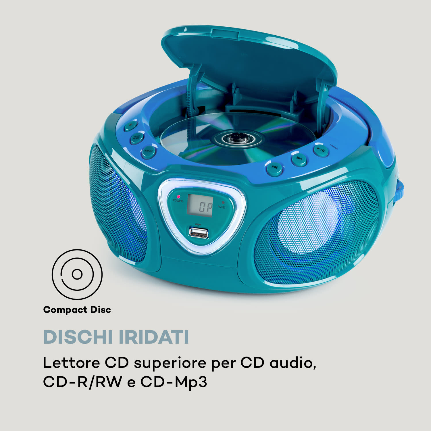 Roadie CD Boombox, radio FM, giochi di luci, lettore CD, Bluetooth 5.0 