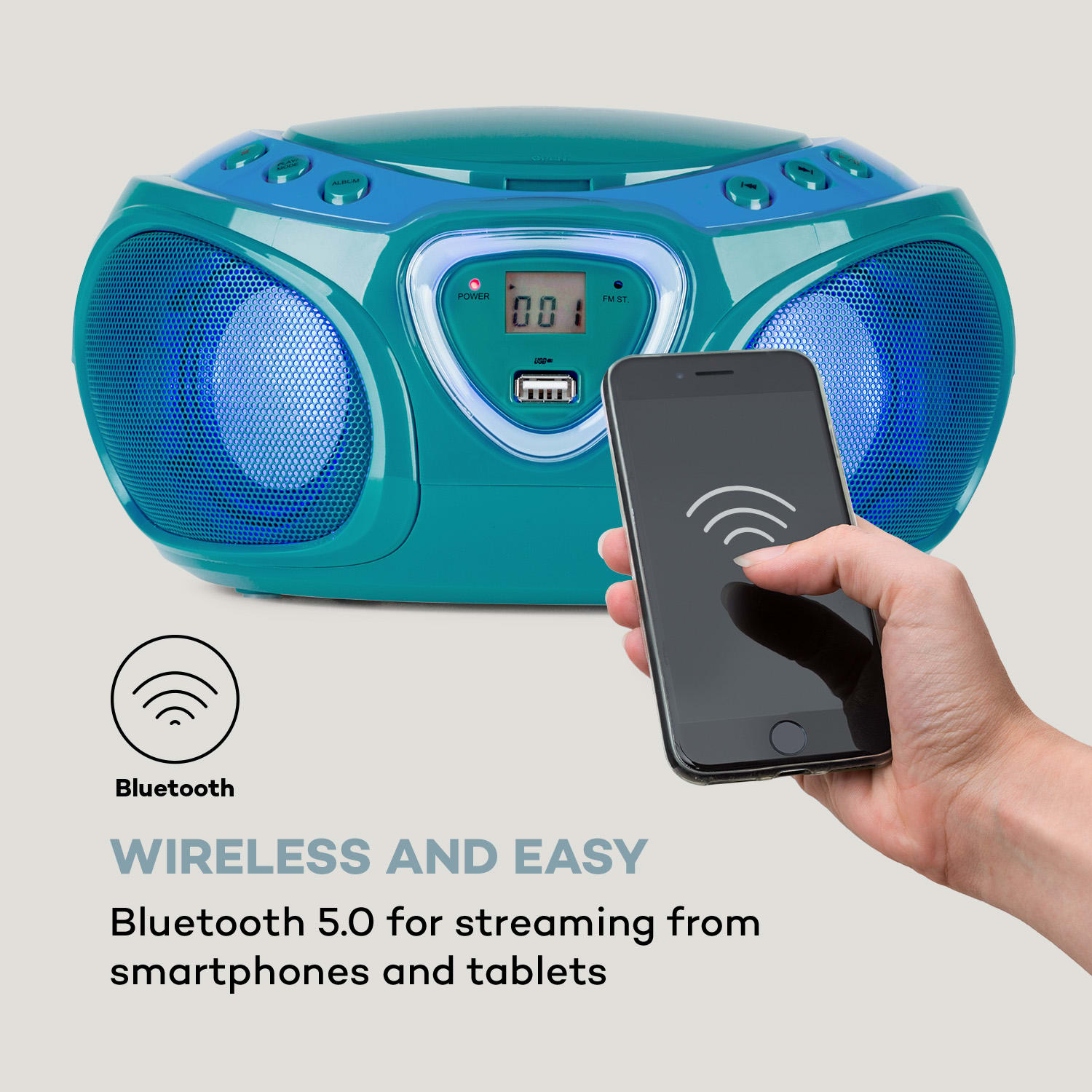 Roadie, radioodtwarzacz CD, boombox, UKF-FM, show świetlny, CD, Bluetooth 5.0 Turkusowy