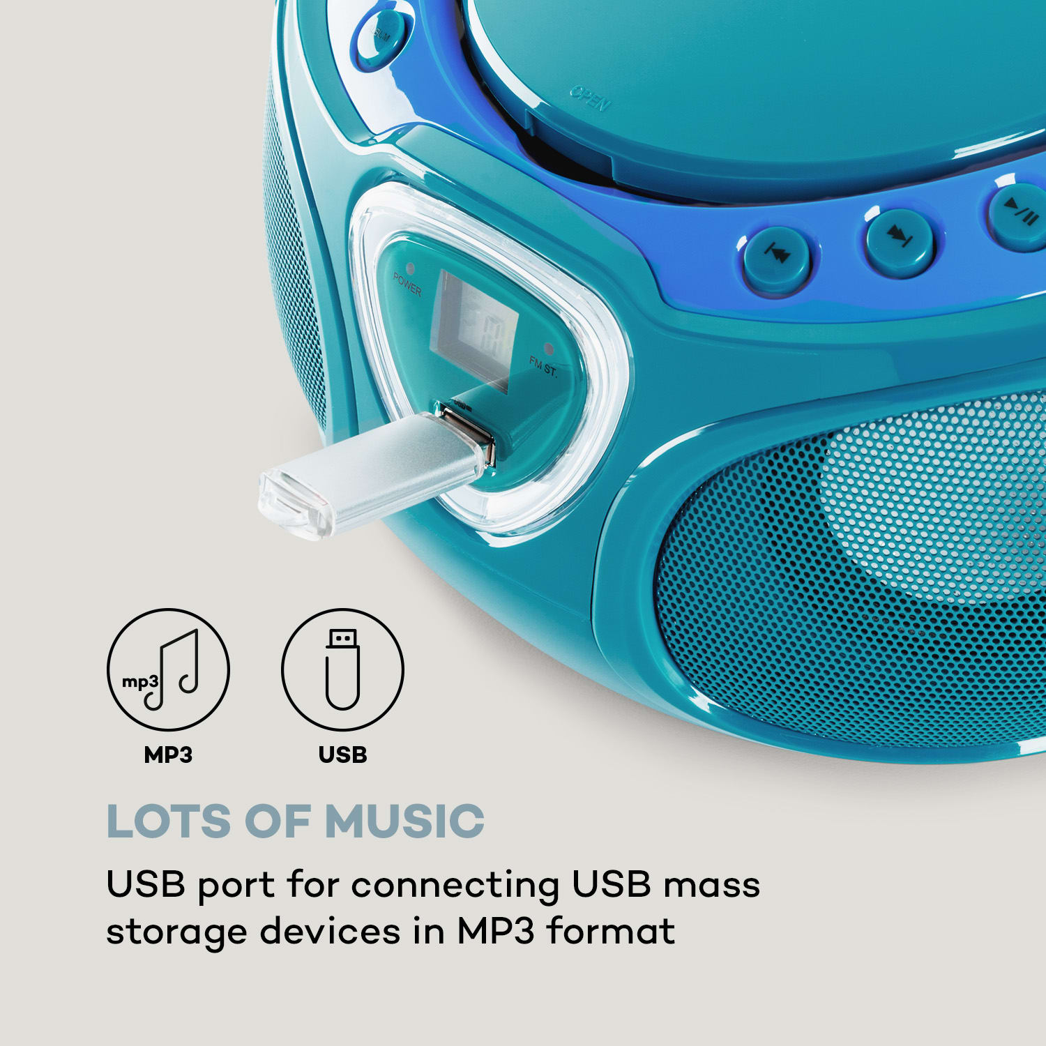 Roadie, radioodtwarzacz CD, boombox, UKF-FM, show świetlny, CD, Bluetooth 5.0 Turkusowy