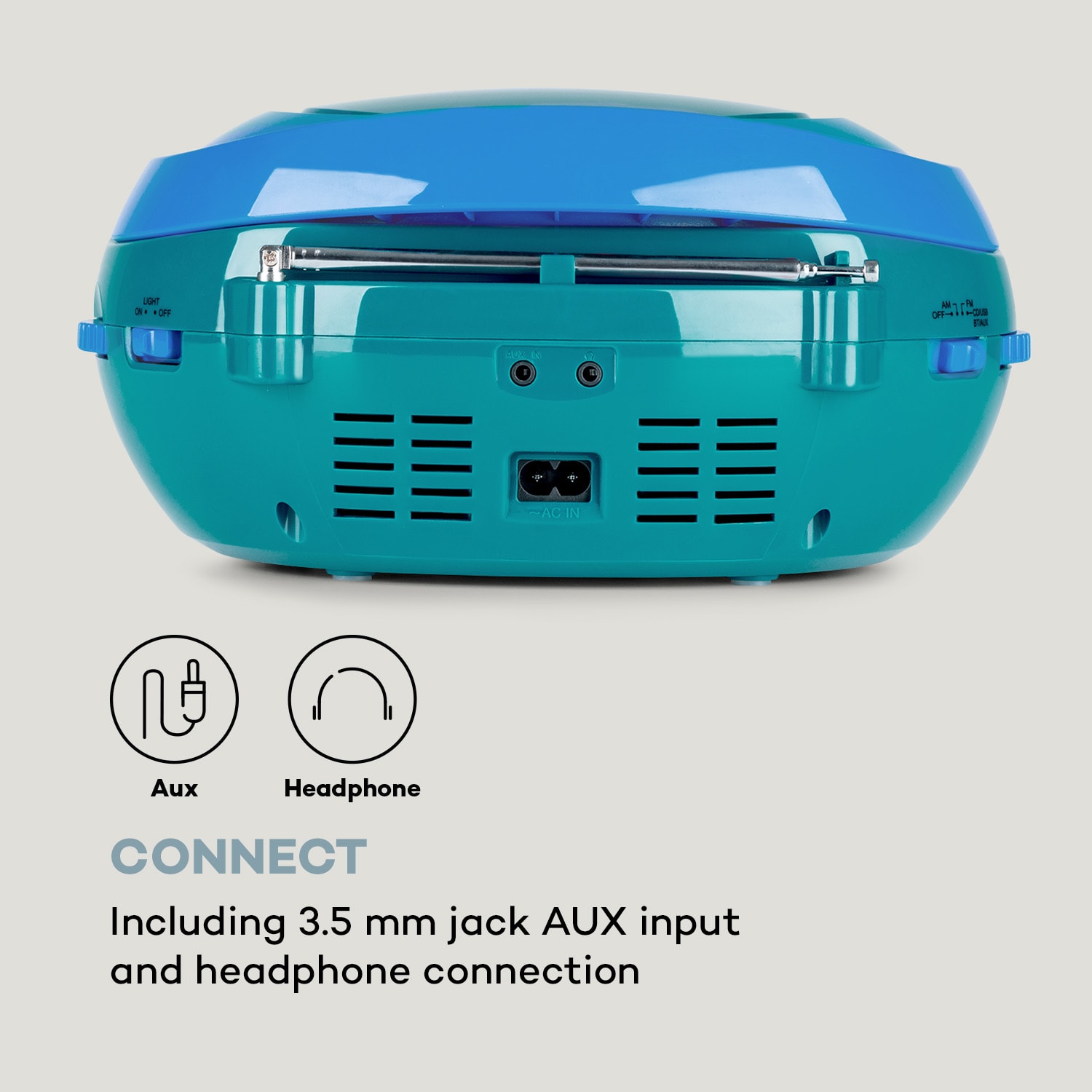 Roadie, radioodtwarzacz CD, boombox, UKF-FM, show świetlny, CD, Bluetooth 5.0 Turkusowy