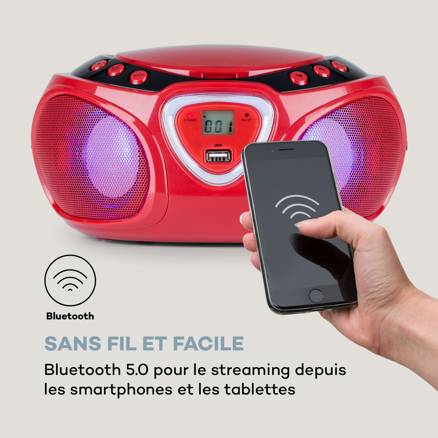 Roadie CD Boombox FM-radio lichtshow cd-speler Bluetooth 5.0 Rood
