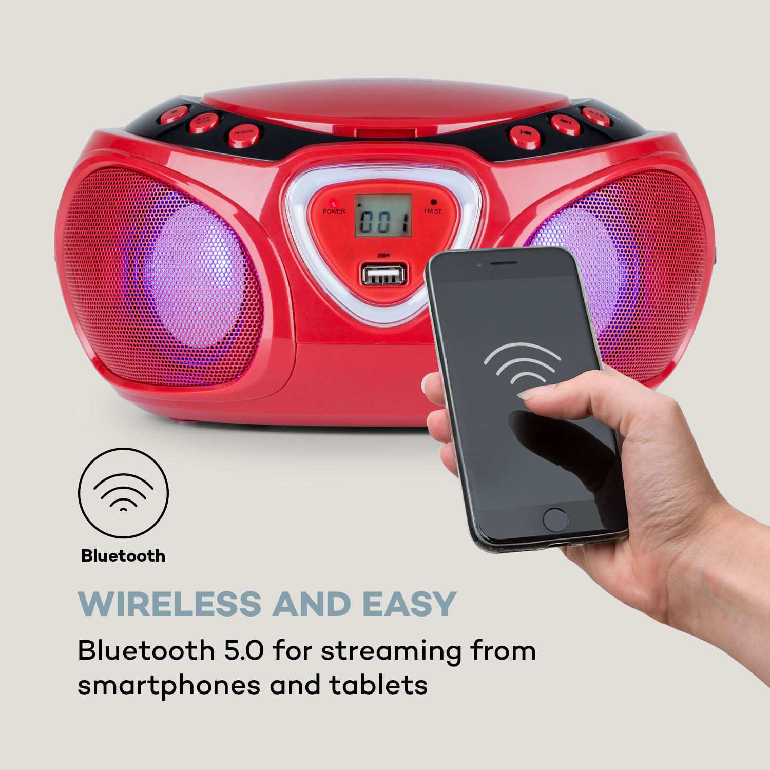 Roadie, radioodtwarzacz CD, boombox, UKF-FM, show świetlny, CD, Bluetooth 5.0 Czerwony