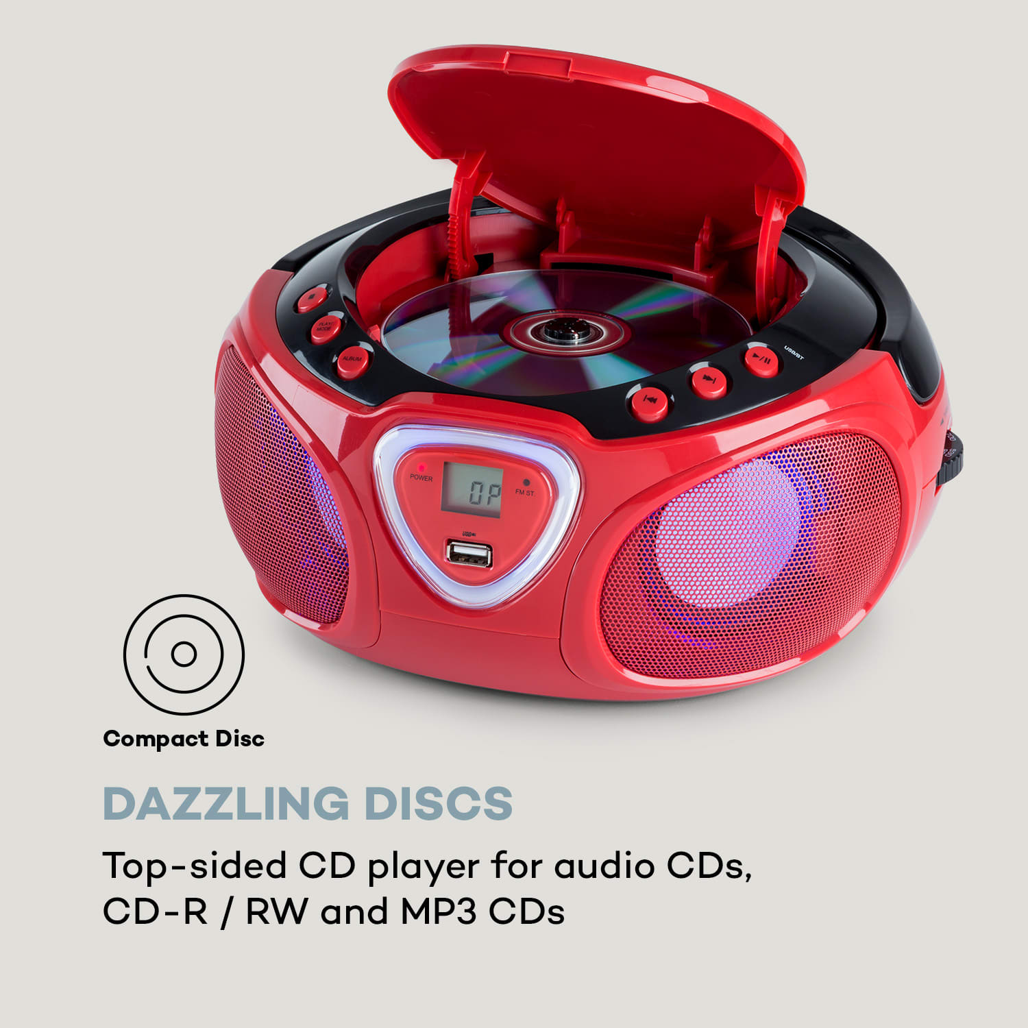 Roadie, radioodtwarzacz CD, boombox, UKF-FM, show świetlny, CD, Bluetooth 5.0 Czerwony