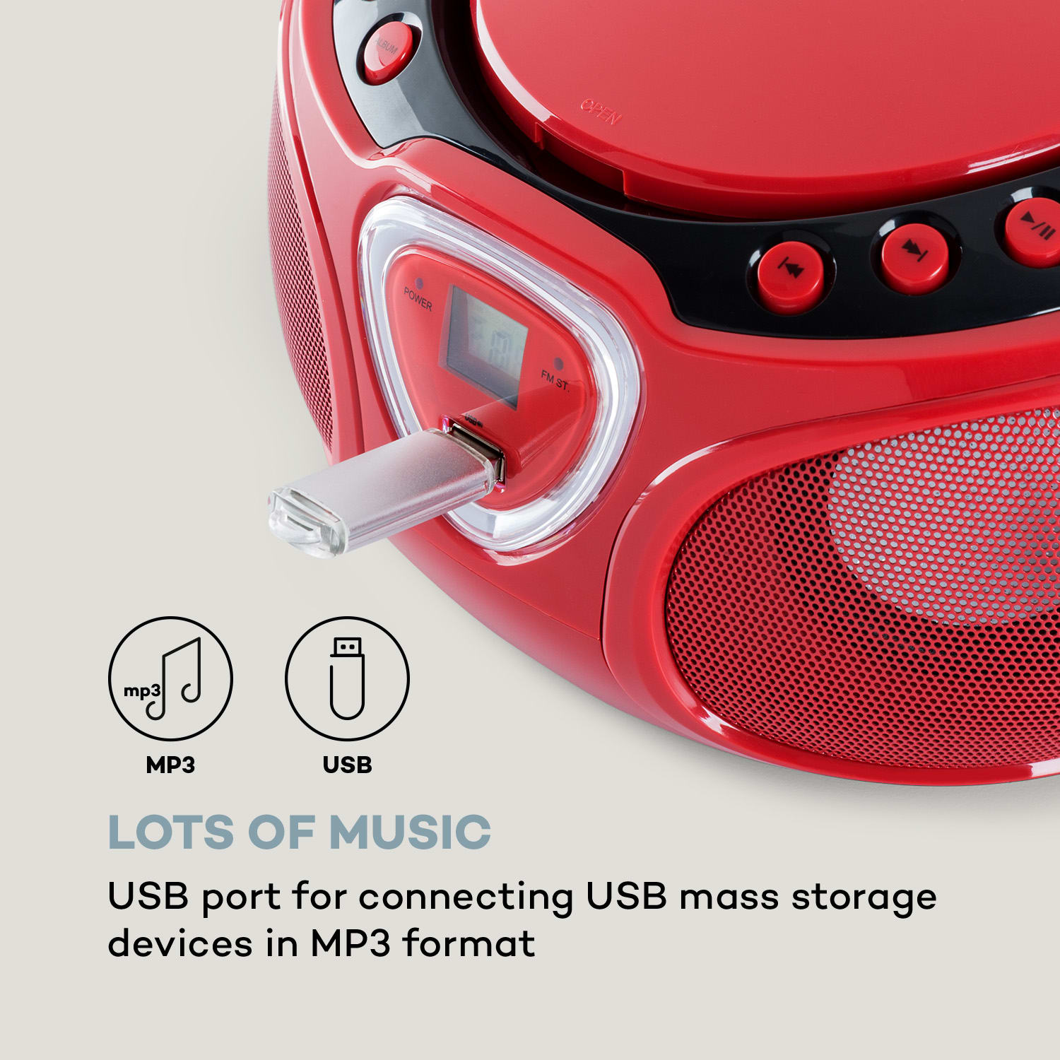 Roadie, radioodtwarzacz CD, boombox, UKF-FM, show świetlny, CD, Bluetooth 5.0 Czerwony