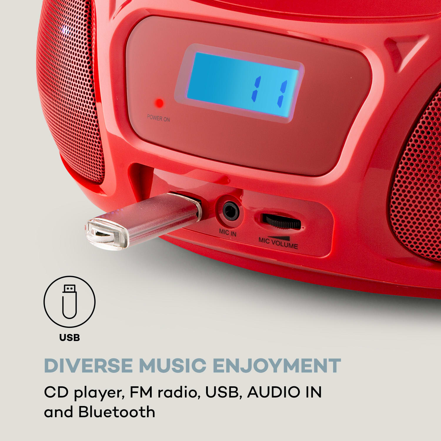Roadie Sing CD Boombox FM radio Svetlobni šov Predvajalnik CD-jev Mikrofon Rdeča