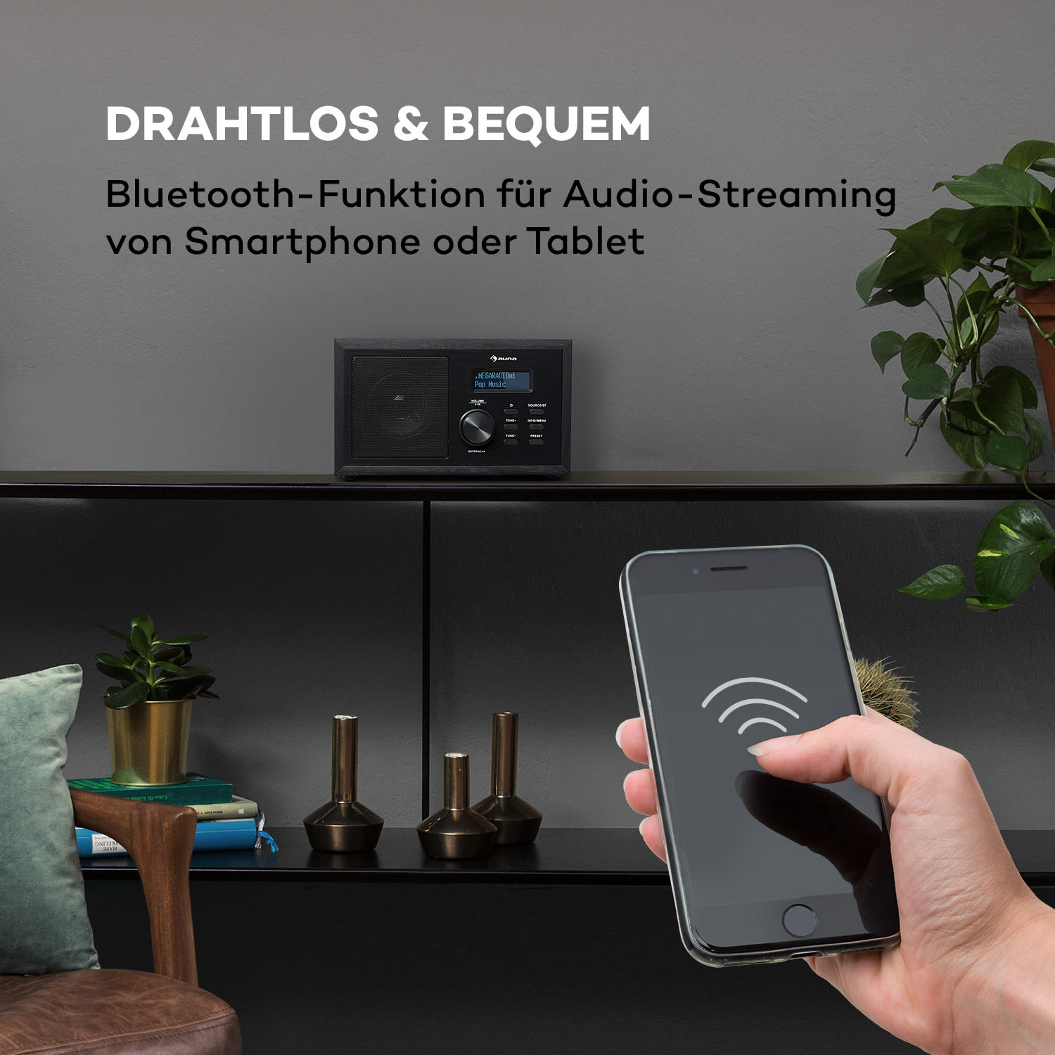 Ambient DAB+/FM Radio BT 5.0 AUX-In LC-Display Wecker Eieruhr Schwarzes Holz