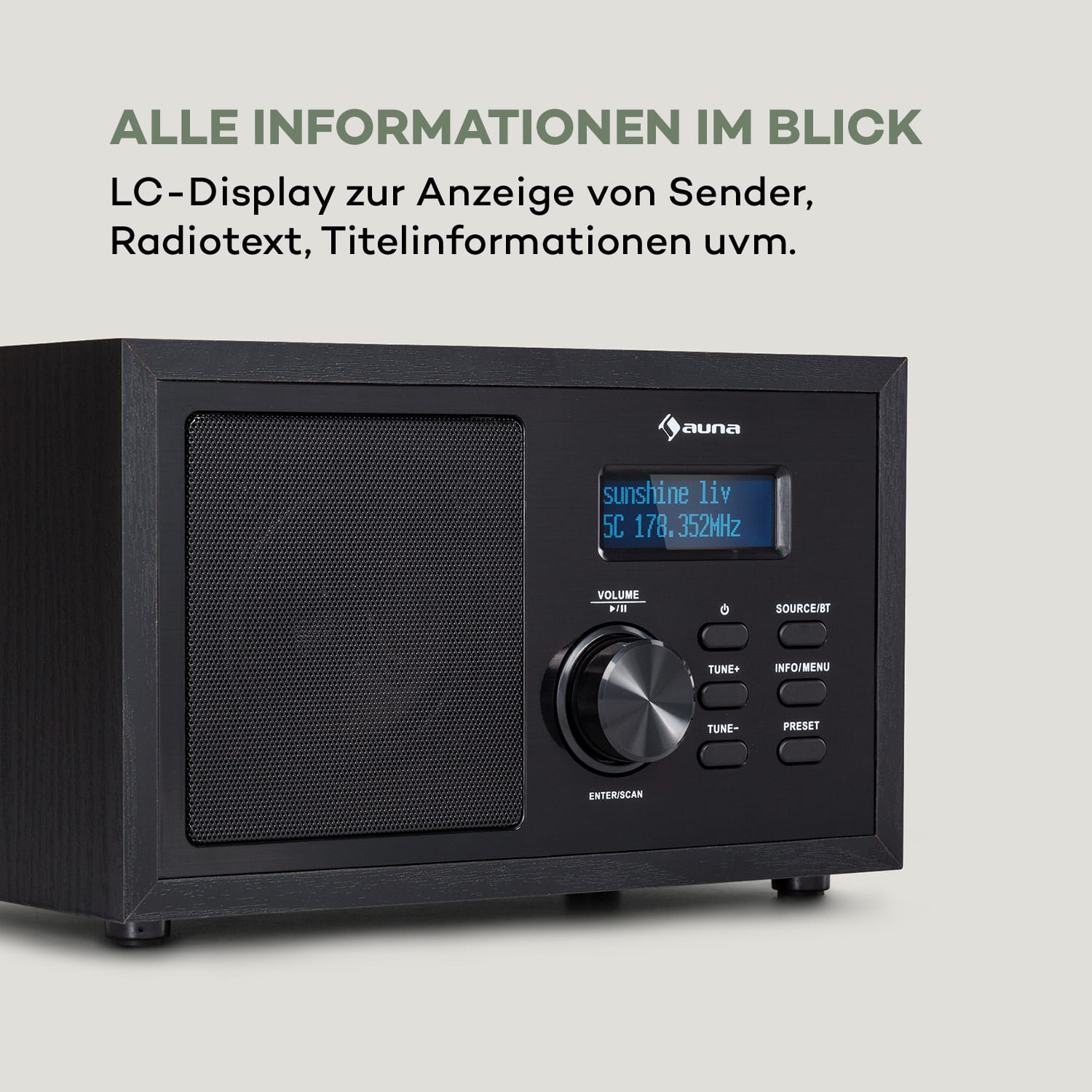 Ambient DAB+/FM Radio BT 5.0 AUX-In LC-Display Wecker Eieruhr Schwarzes Holz