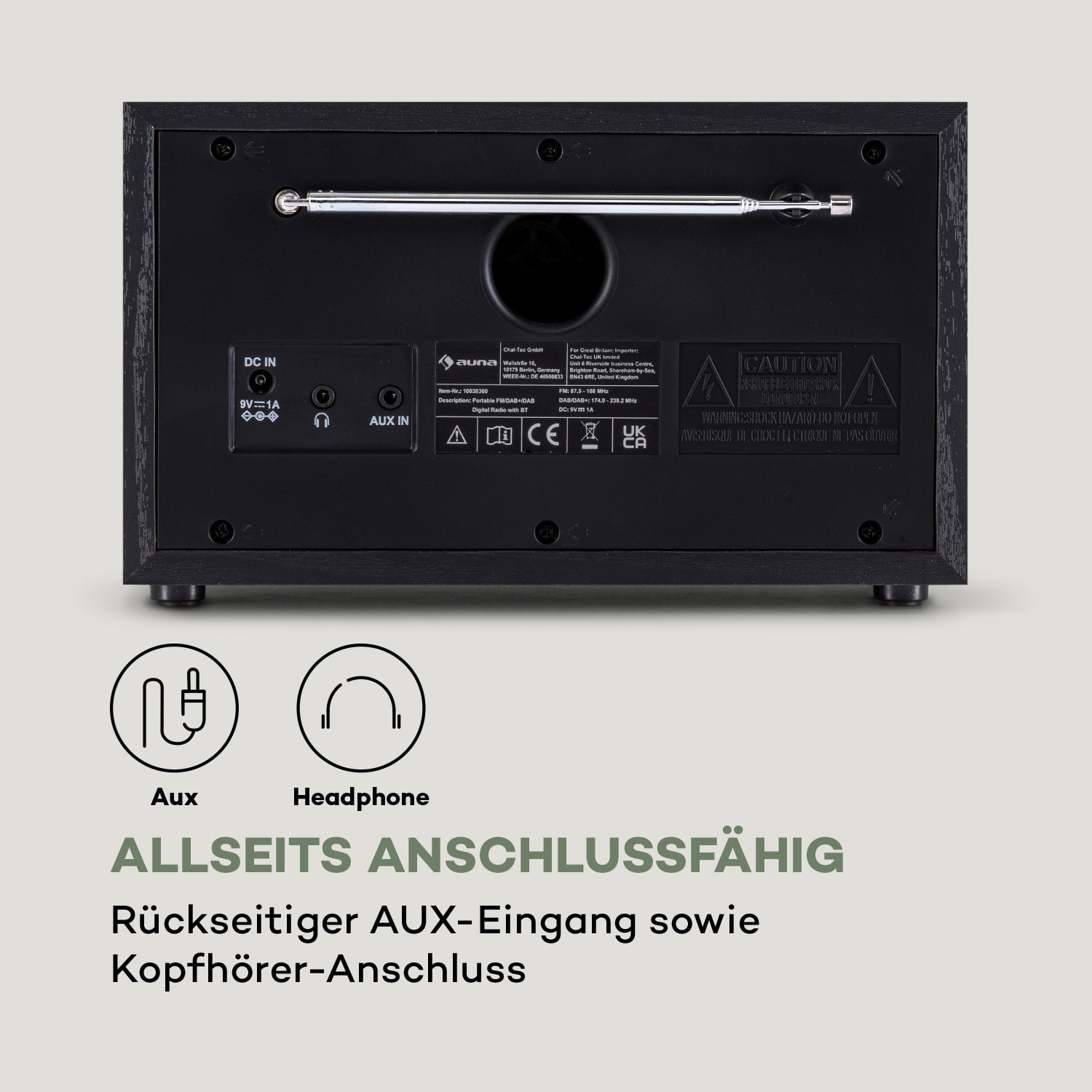 Ambient DAB+/FM Radio BT 5.0 AUX-In LC-Display Wecker Eieruhr Schwarzes Holz