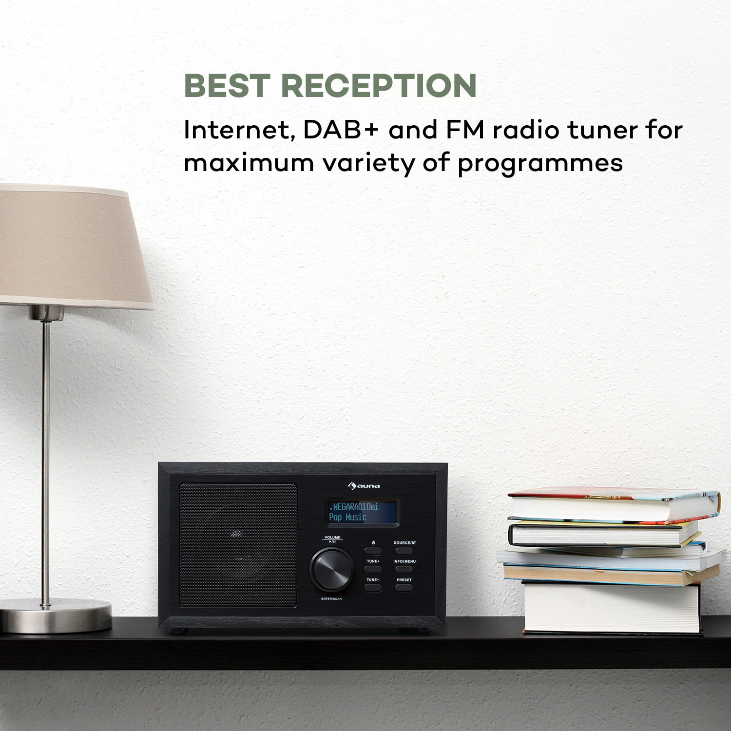 Ambient DAB+/FM rádio, BT 5.0, AUX-In, LC displej, Budík s časovačem