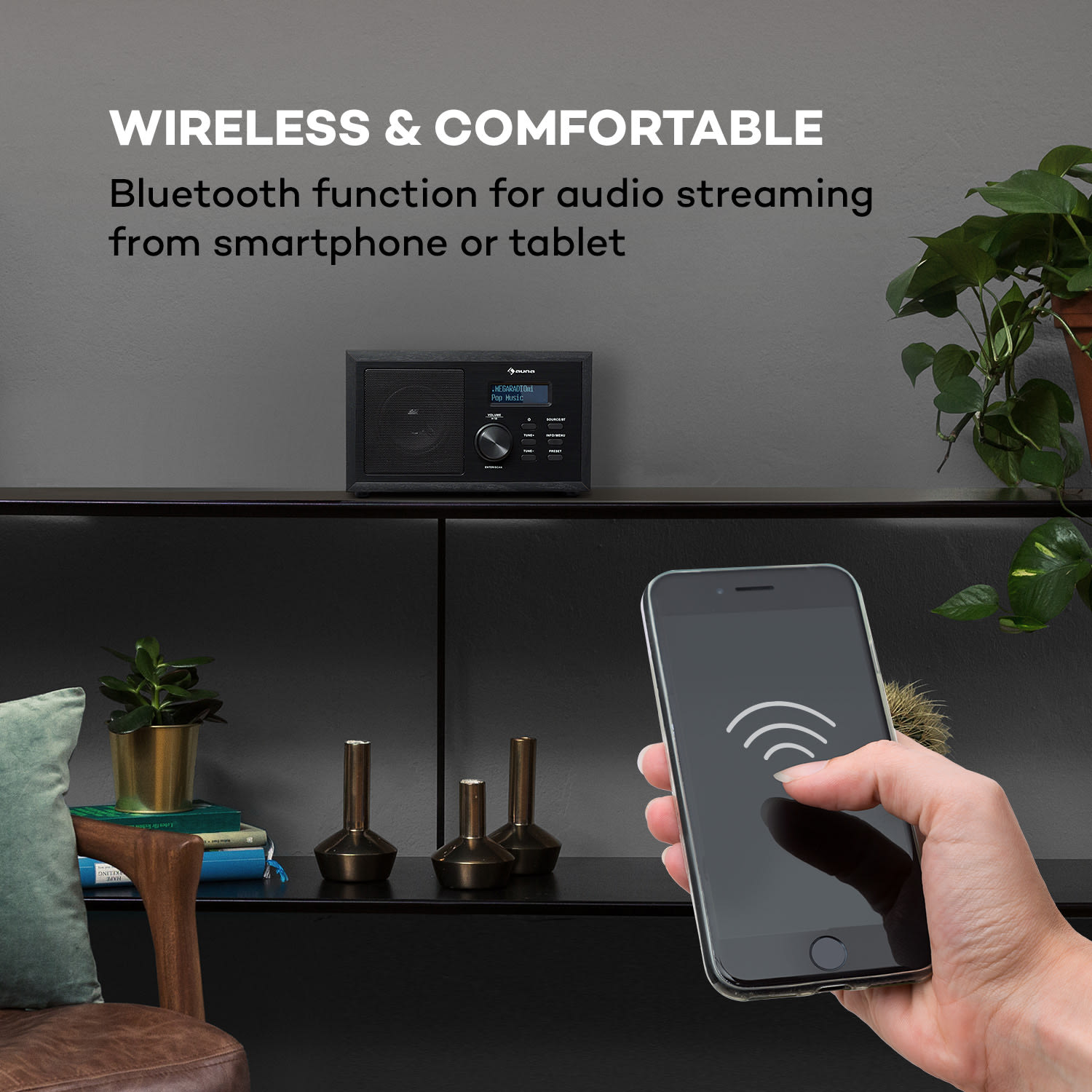 Ambient DAB+/FM rádio, BT 5.0, AUX-In, LC displej, Budík s časovačem