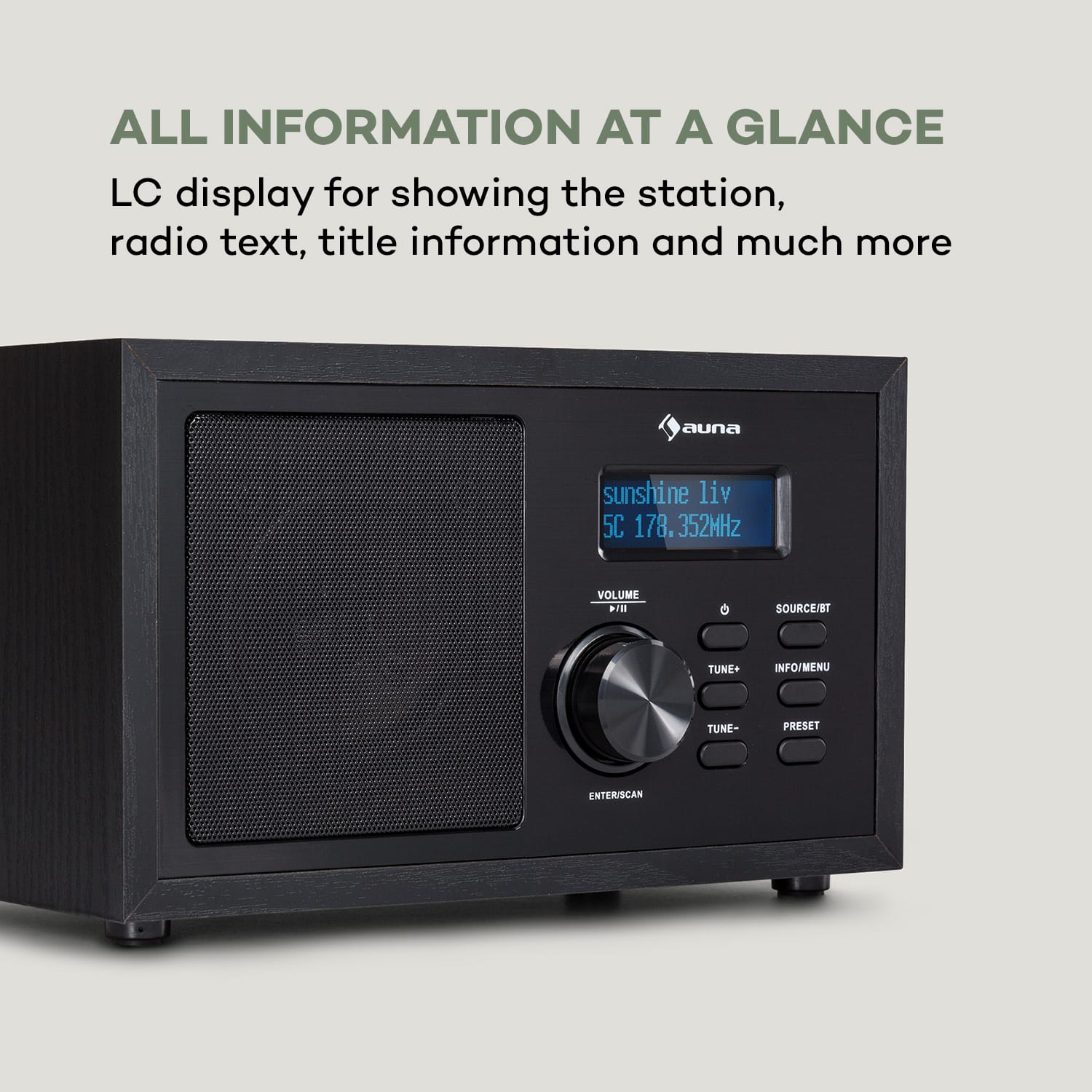 Ambient DAB+/FM rádio, BT 5.0, AUX-In, LC displej, Budík s časovačem