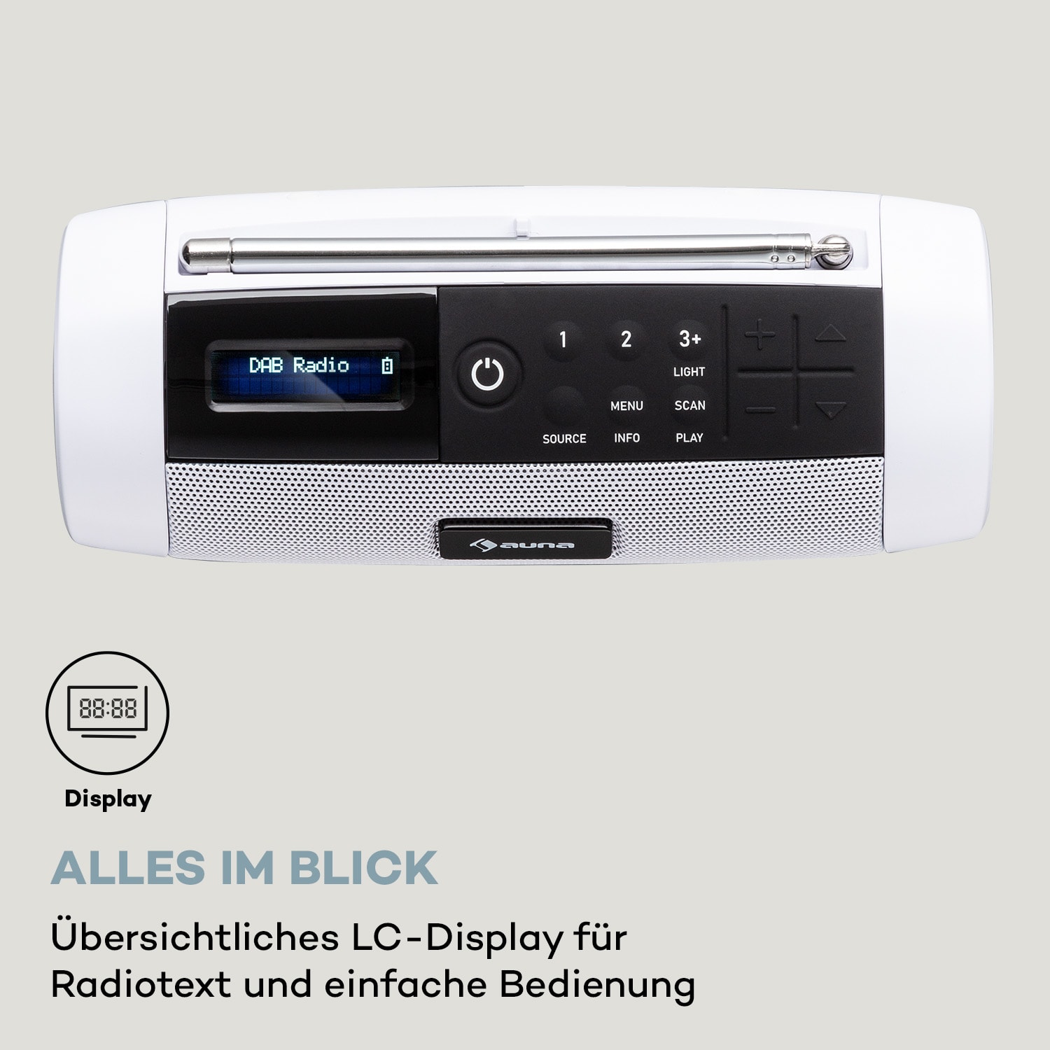 Blaster DAB Radio tragbarer Bluetooth-Lautsprecher DAB/DAB+/FM Akku LCD Weiß