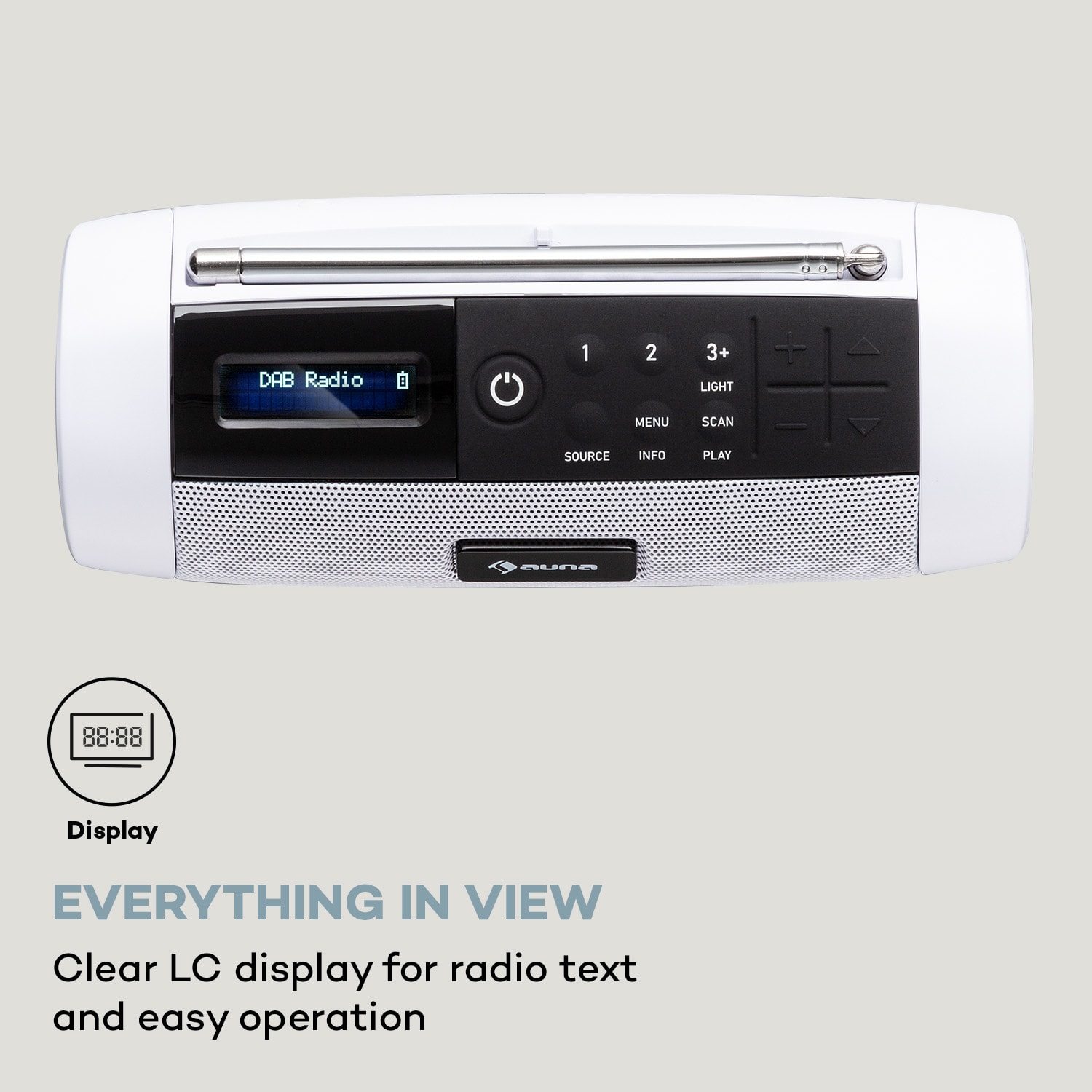 Blaster DAB, głośnik przenośny z radiem, Bluetooth, DAB/DAB+/FM, akumulator, LCD Biały