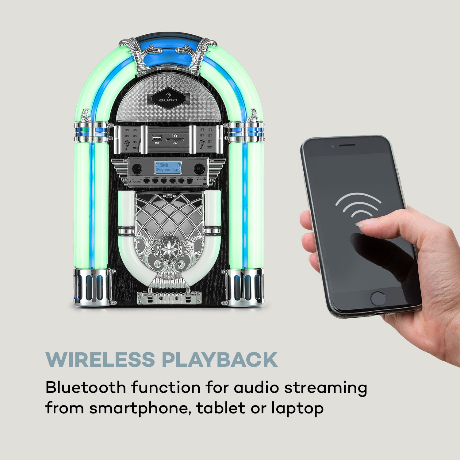 Arizona DAB+ jukebox, BT, DAB+/FM-radio, USB, SD, MP3, cd-speler 