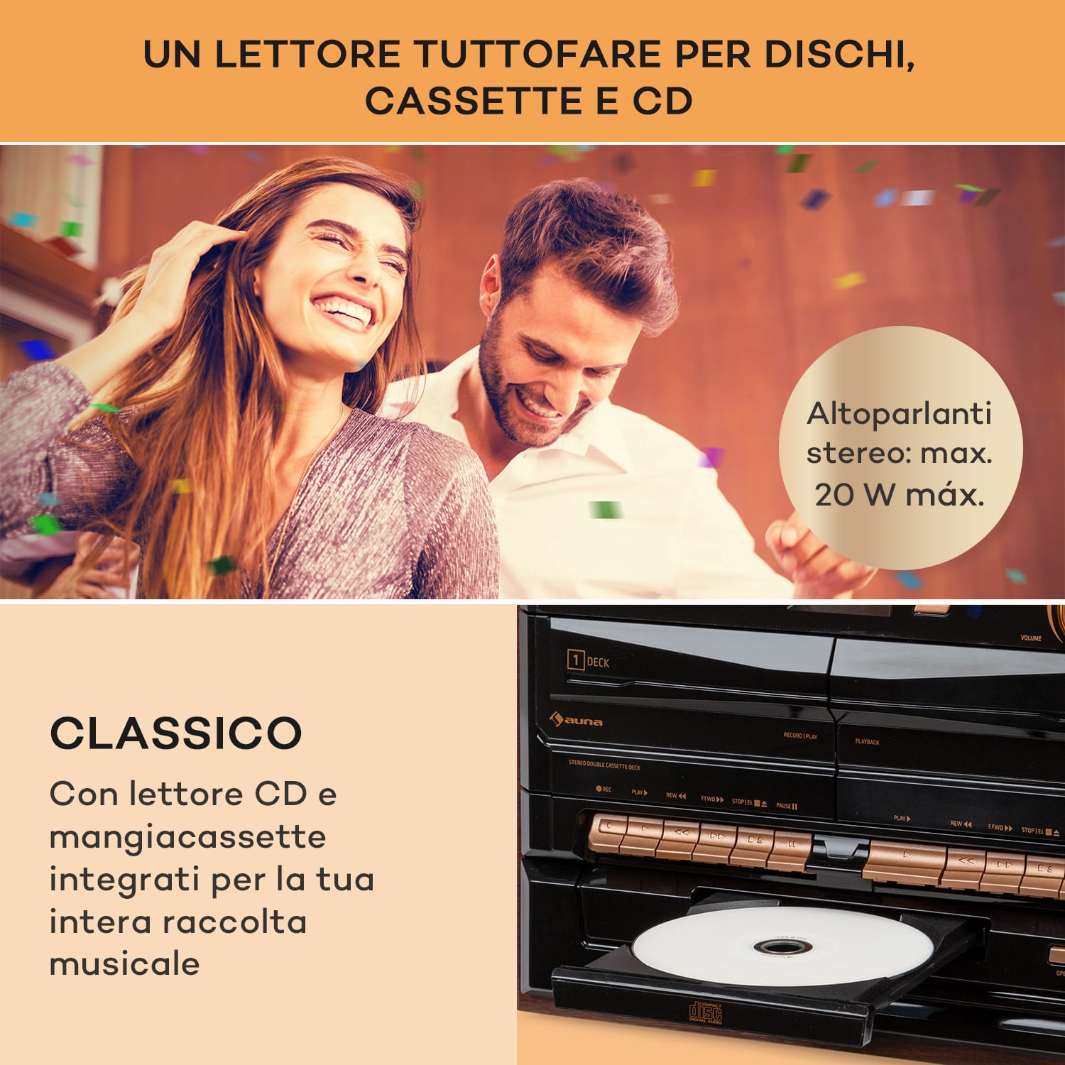 388-DAB+ impianto stereo 20W max., vinile, CD, cassette, BT, FM/DAB+, USB, SD 