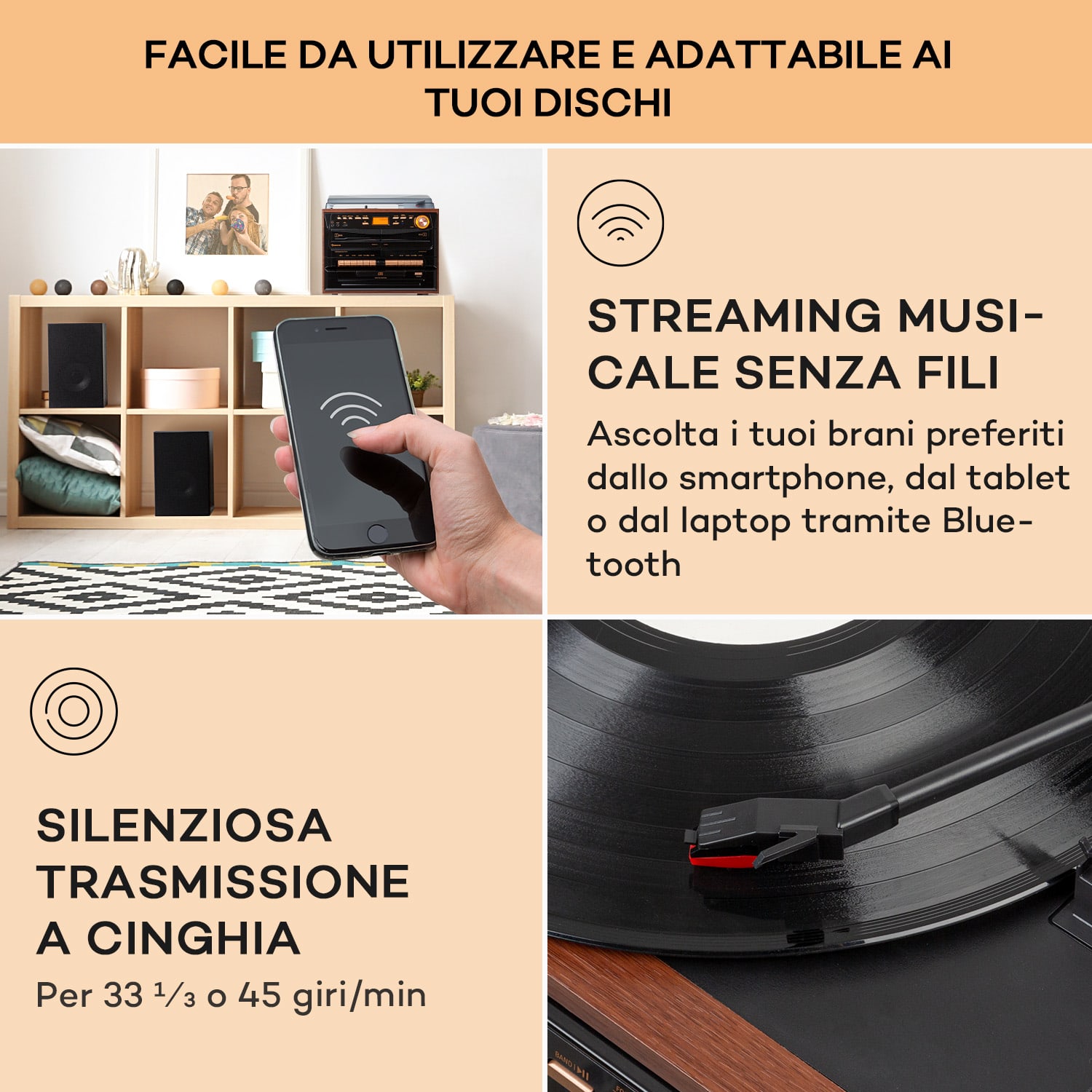 388-DAB+ impianto stereo 20W max., vinile, CD, cassette, BT, FM/DAB+, USB, SD 
