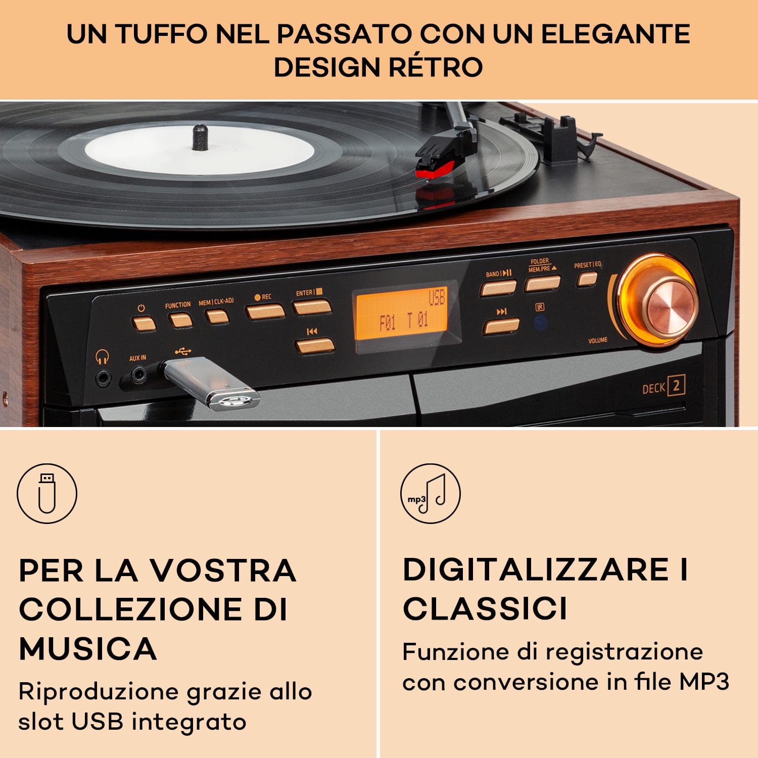 388-DAB+ impianto stereo 20W max., vinile, CD, cassette, BT, FM/DAB+, USB, SD 