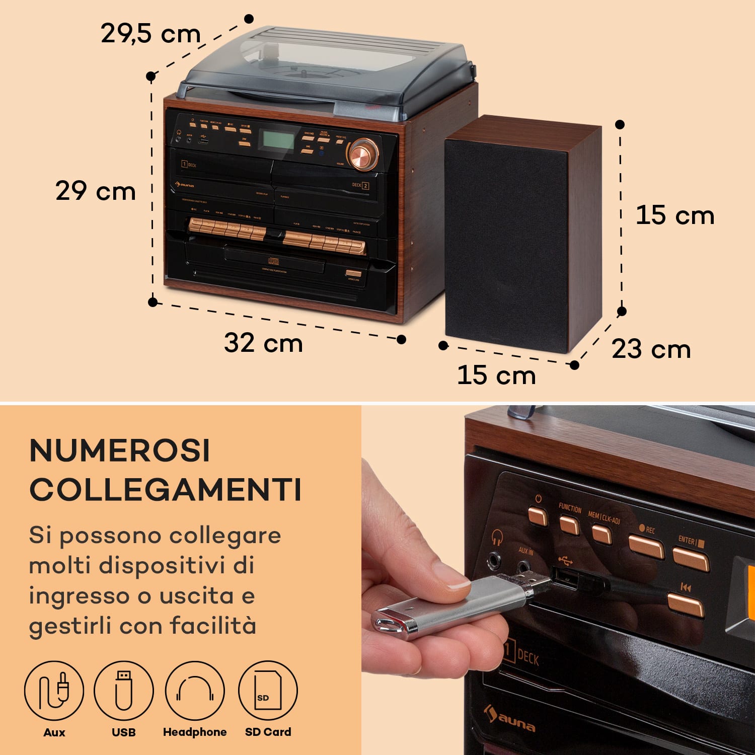 388-DAB+ impianto stereo 20W max., vinile, CD, cassette, BT, FM/DAB+, USB, SD 