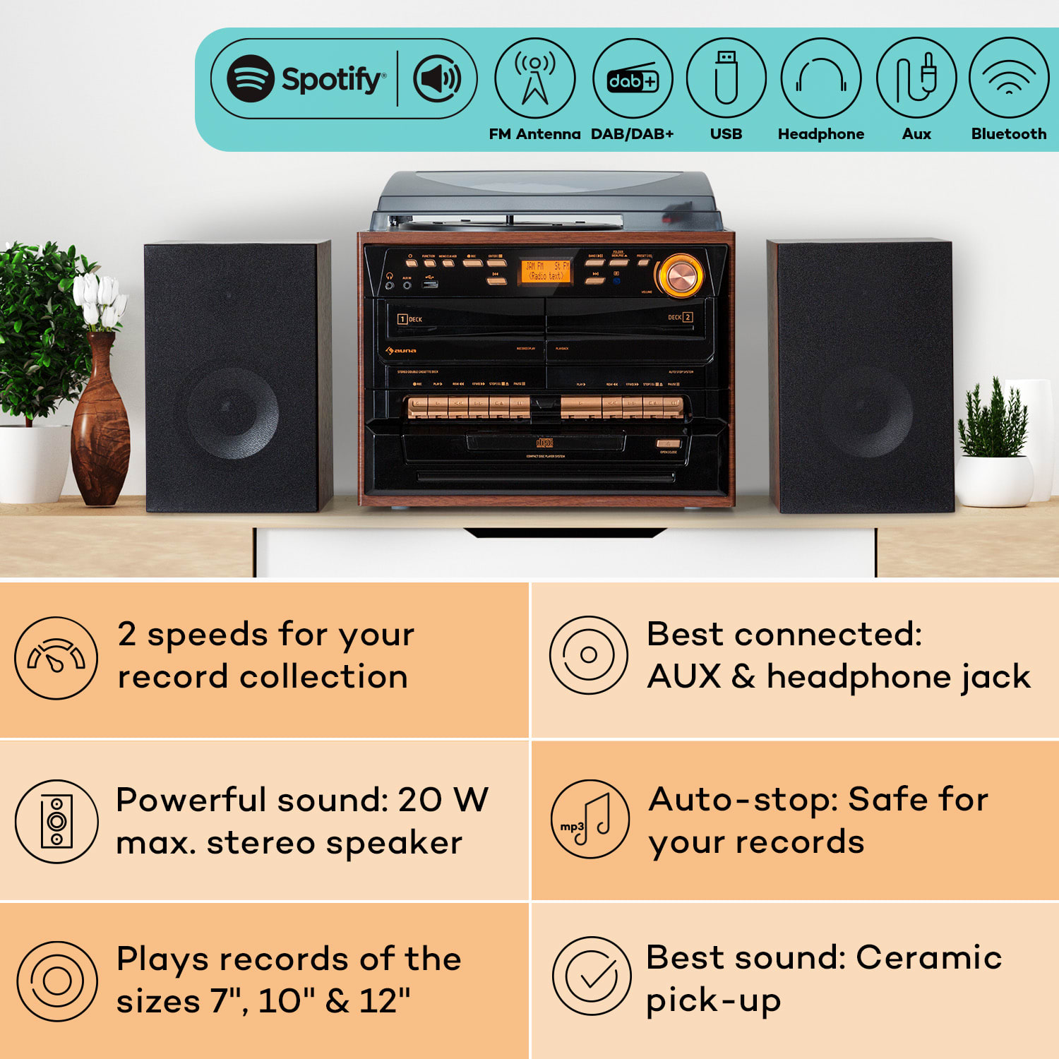 388-DAB+, стерео система, 20W макс., винилови плочи, CD, касети, BT, FM/DAB+, USB 