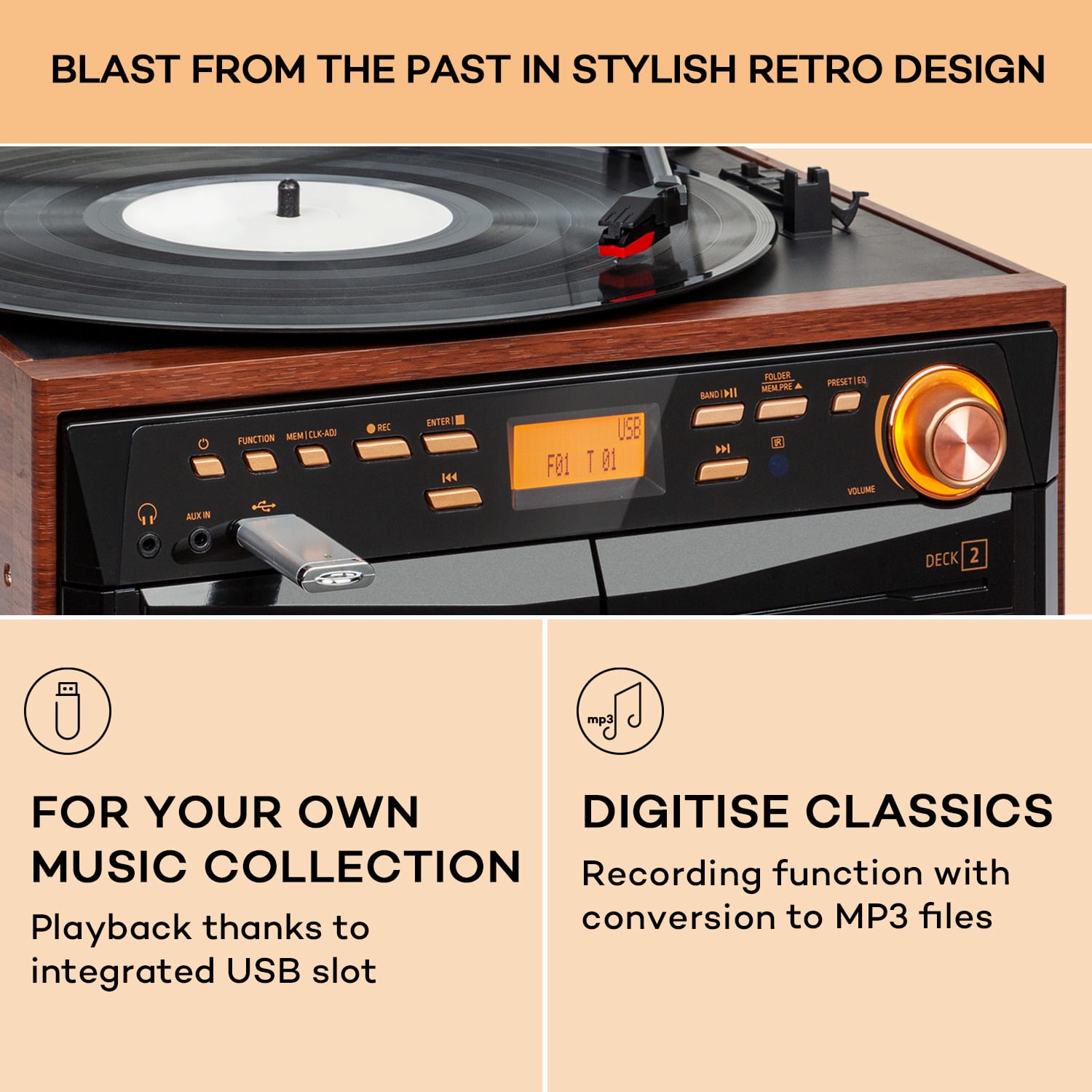 388-DAB+, стерео система, 20W макс., винилови плочи, CD, касети, BT, FM/DAB+, USB 