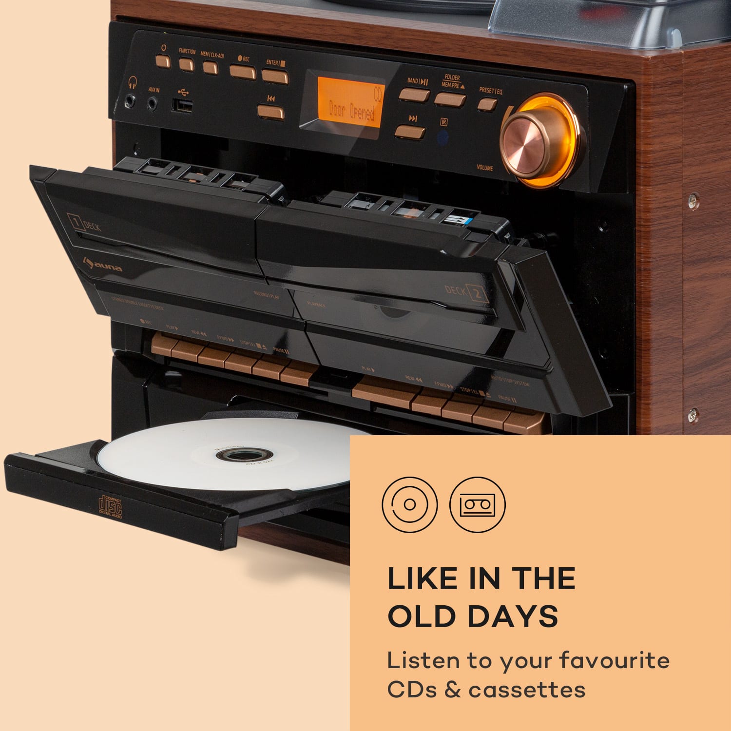 388-DAB+, стерео система, 20W макс., винилови плочи, CD, касети, BT, FM/DAB+, USB 