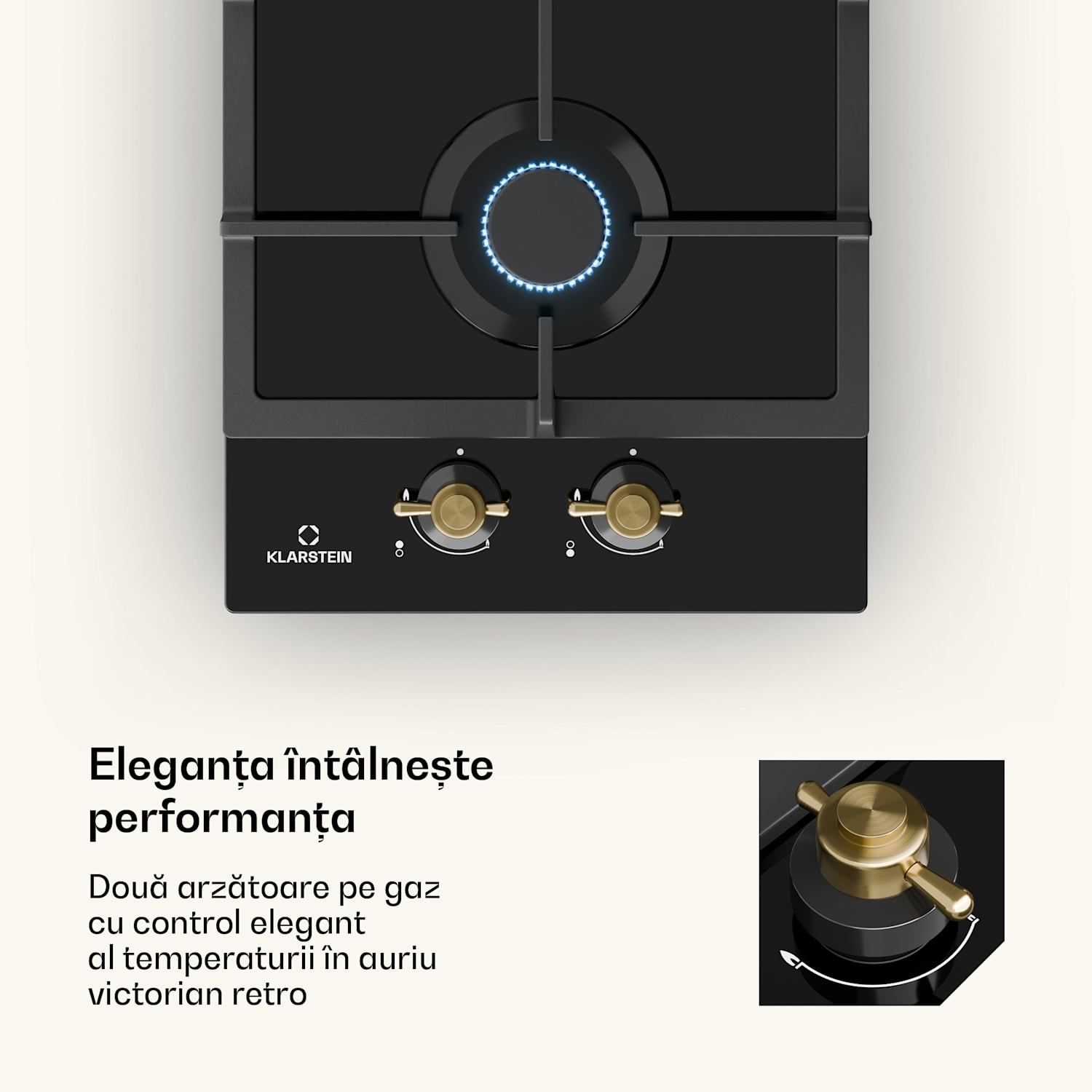 Victoria Domino, plită pe gaz, 2 arzătoare, arzătoare Sabaf, plită ceramică, design retro 30 cm | Sticlă | Negru