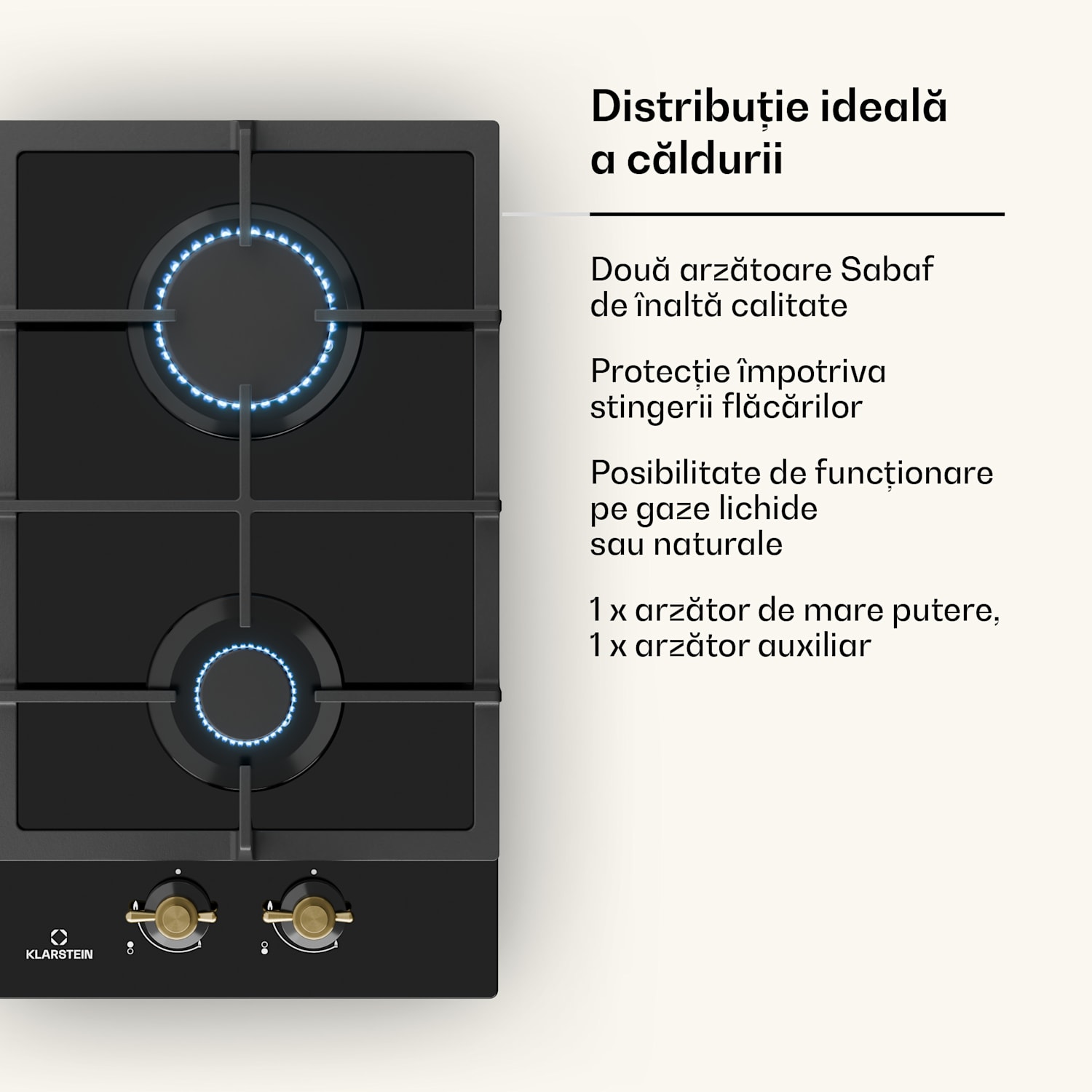 Victoria Domino, plită pe gaz, 2 arzătoare, arzătoare Sabaf, plită ceramică, design retro 30 cm | Sticlă | Negru