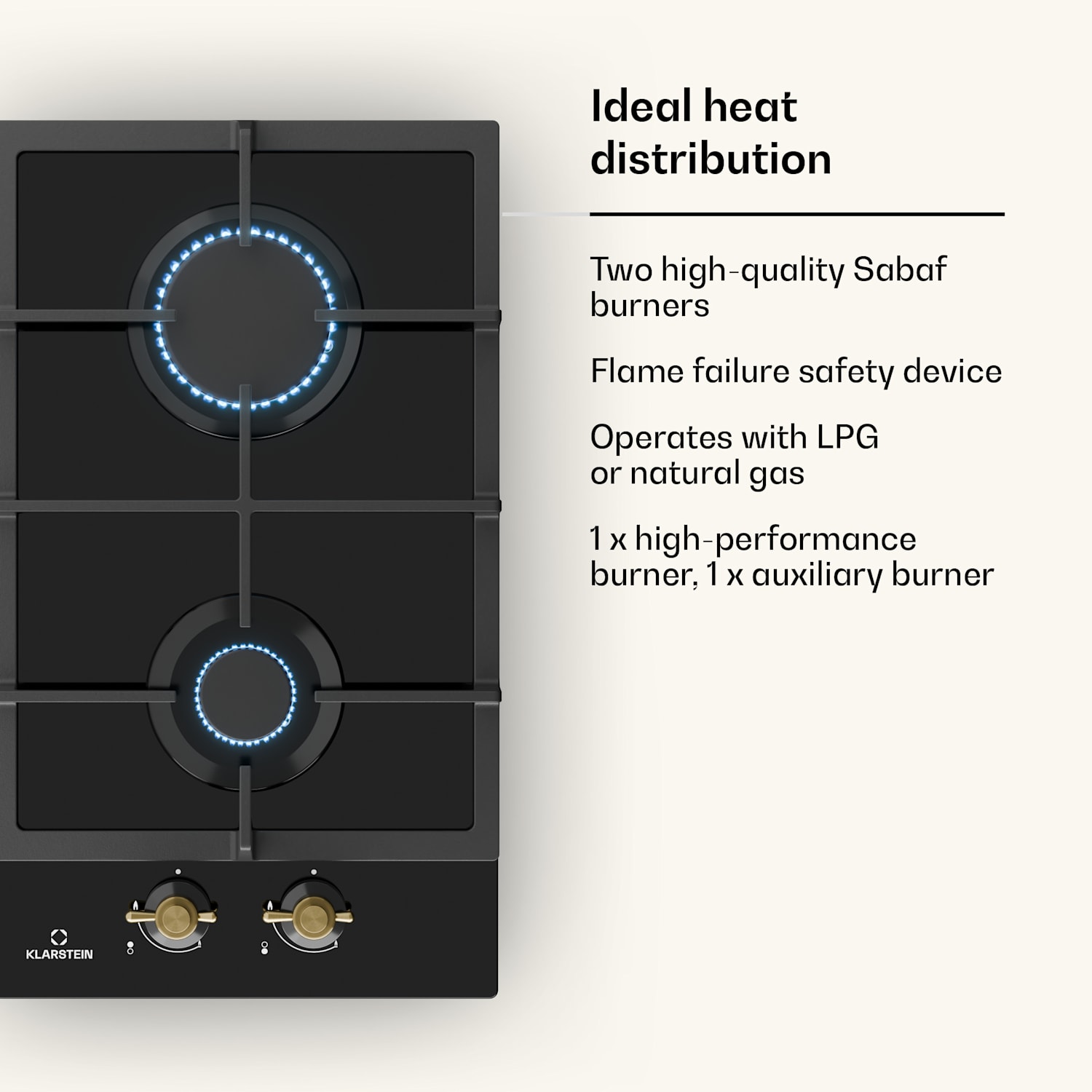 Fogão a gás Victoria Domino 2 chamas, queimador Sabaf vitrocerâmica aspeto retro  30 cm | Vidro | Preto